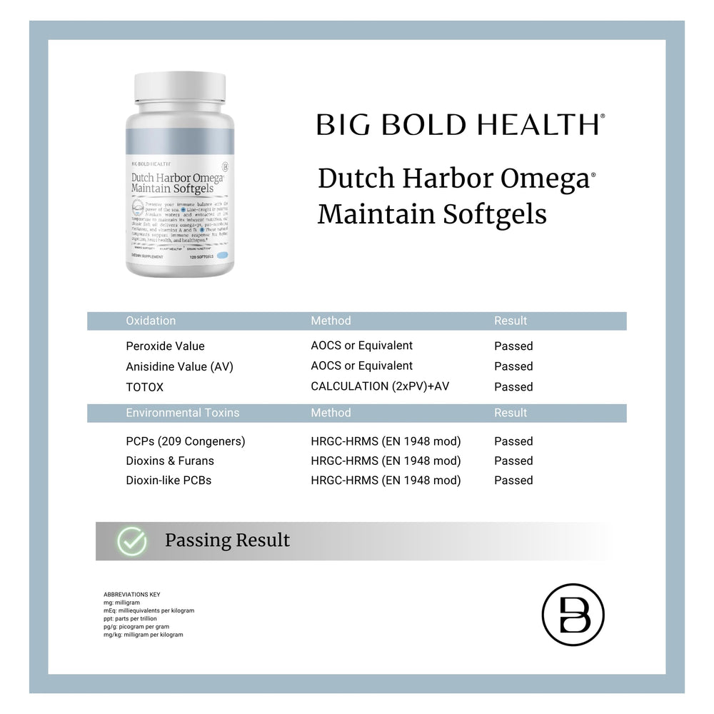 Sustainability crest emphasizes eco-friendly sourcing for Big Bold Health Omega.