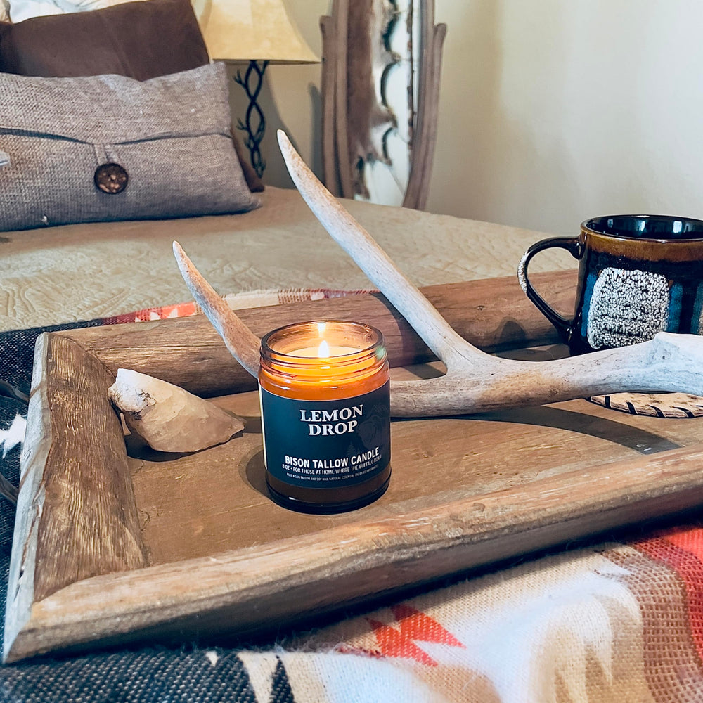 Premium bison tallow candle in glass jar from Big Crazy Buffalo for a clean burn