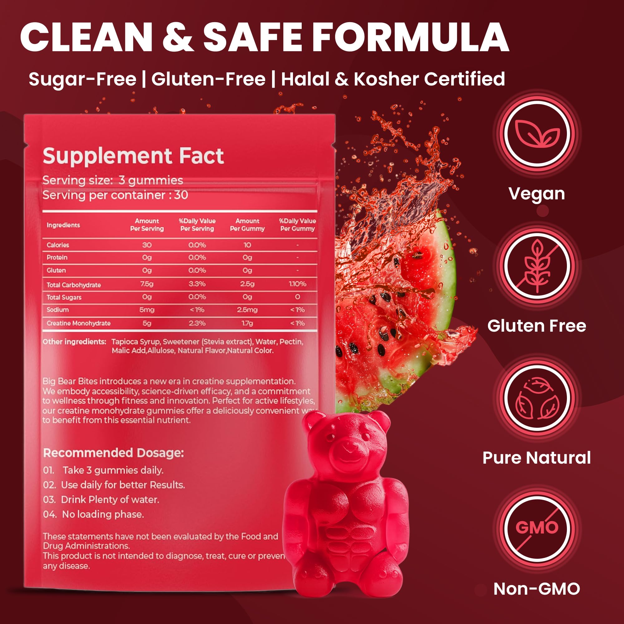 Close-up of gummies showing serving suggestion for daily creatine intake.