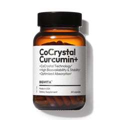 BIGVITA CoCrystal Curcumin+ bottle close-up highlighting high-absorption formula for daily vitality.