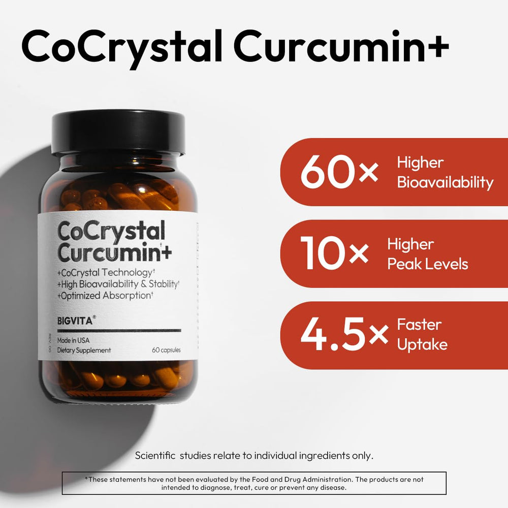 BIGVITA CoCrystal Curcumin+ packaging front signals USA-made, clean-label wellness choice.