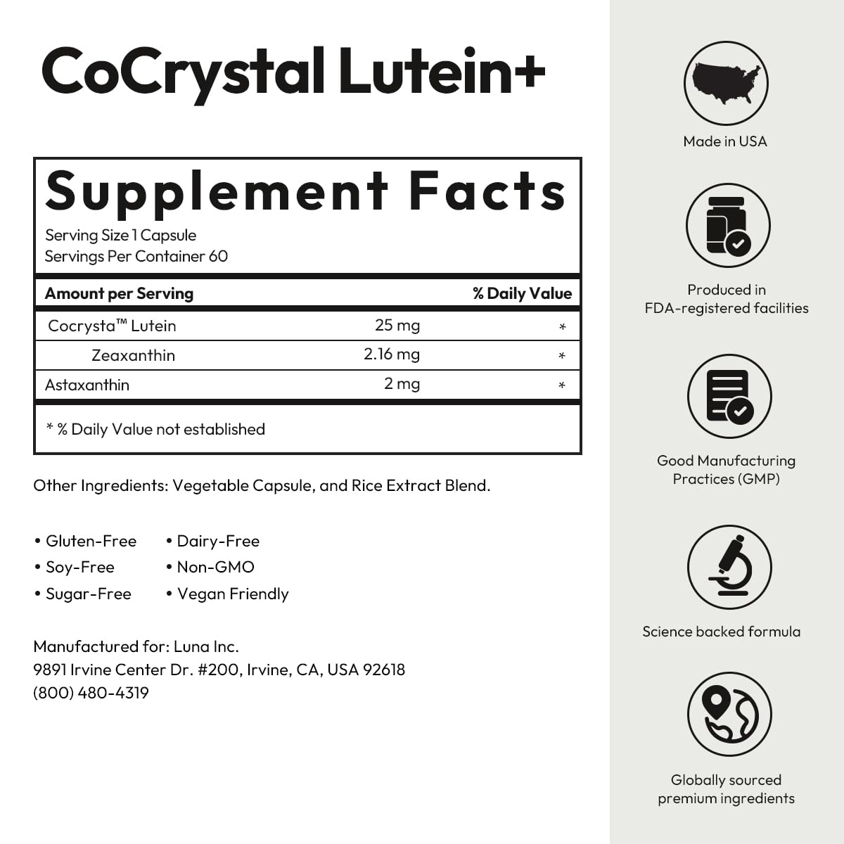 BIGVITA CoCrystal Lutein+ vegan non-GMO USA-made seal