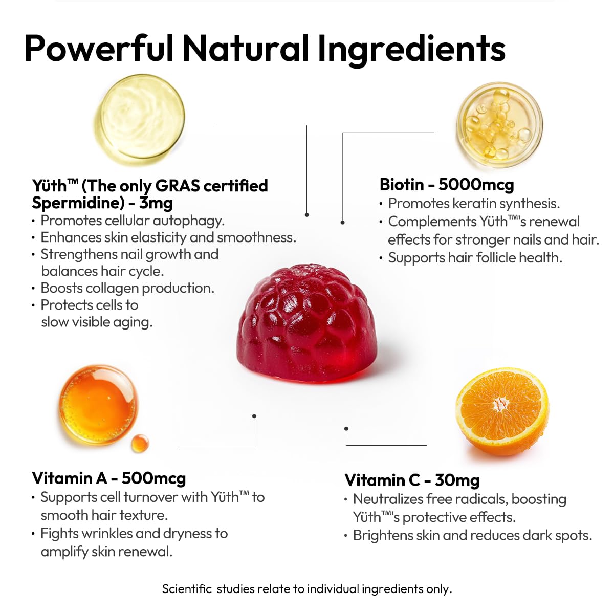 Ingredient focus on spermidine with vitamins A and C for skin.