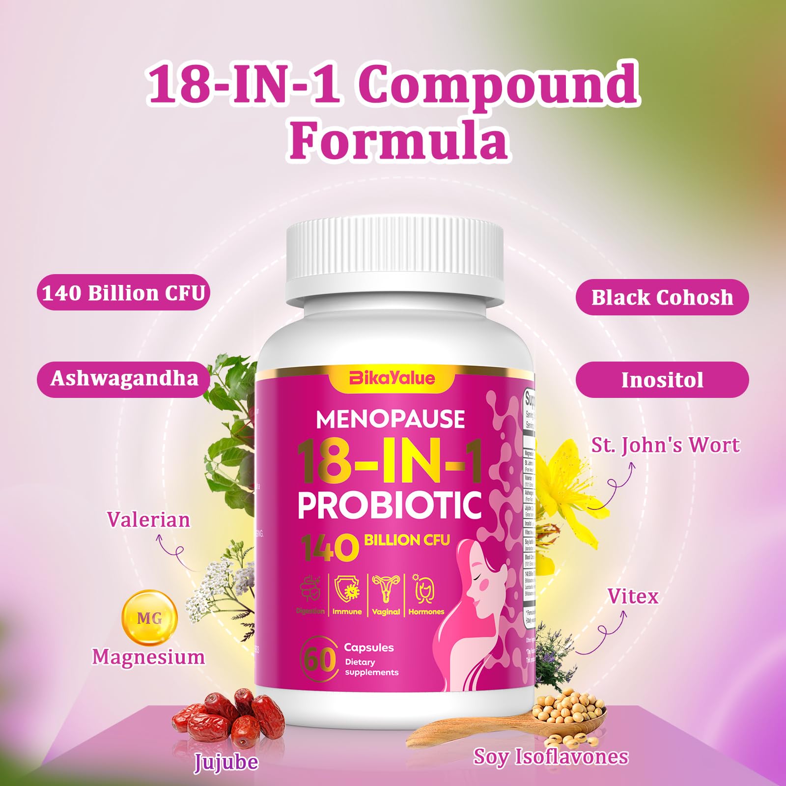 BIKAYALUE 18-in-1 formula ingredients closeup including Black Cohosh and inositol