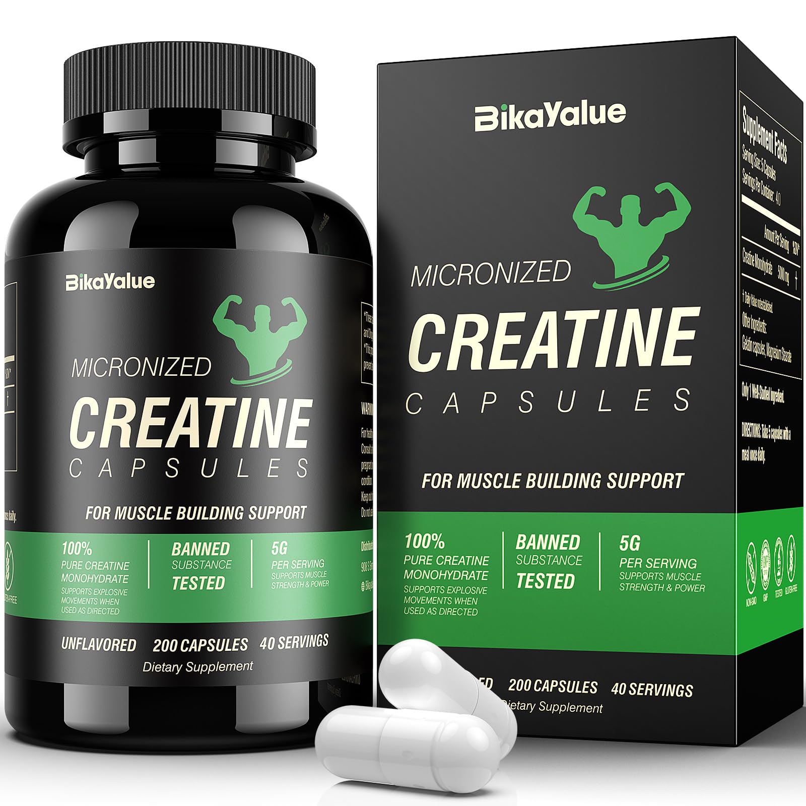 BIKAYALUE Creatine Monohydrate bottle front boosts strength on the go.