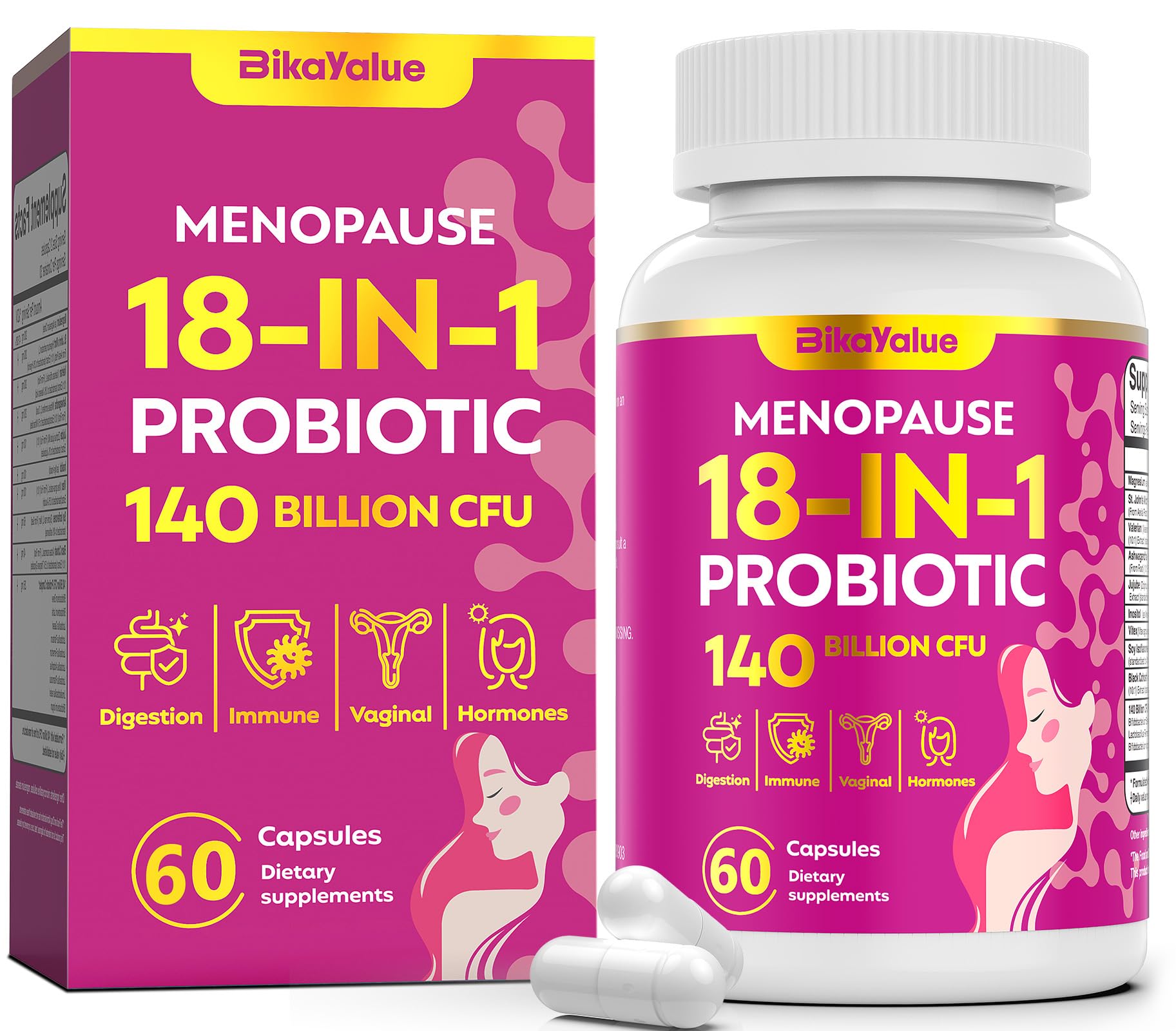 BIKAYALUE menopause bottle with probiotic formula supporting gut health and balance.