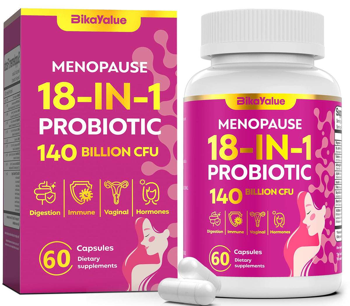 BIKAYALUE menopause bottle with probiotic formula supporting gut health and balance.