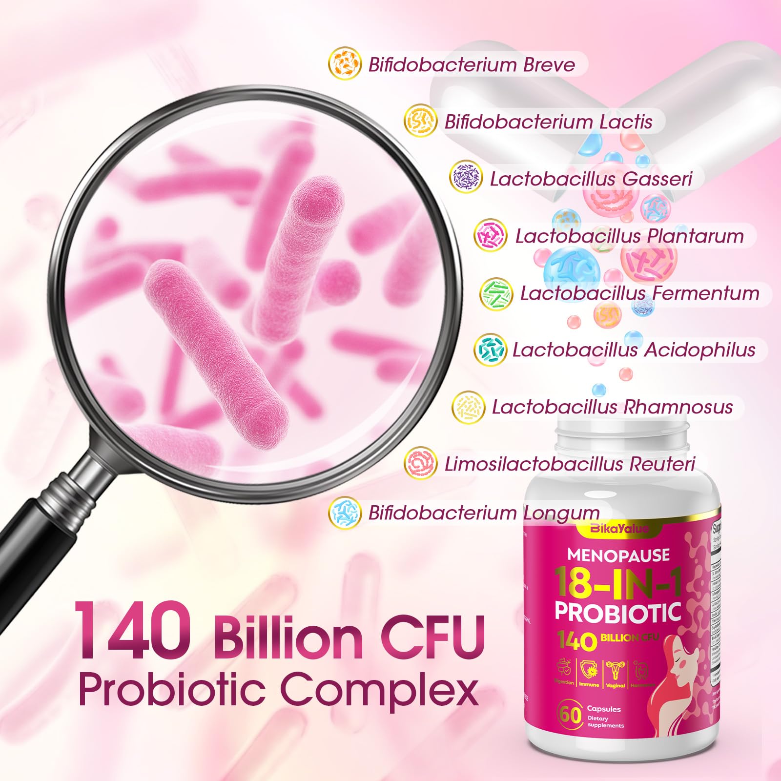 BIKAYALUE menopause gut health emphasis with probiotic culture icons.
