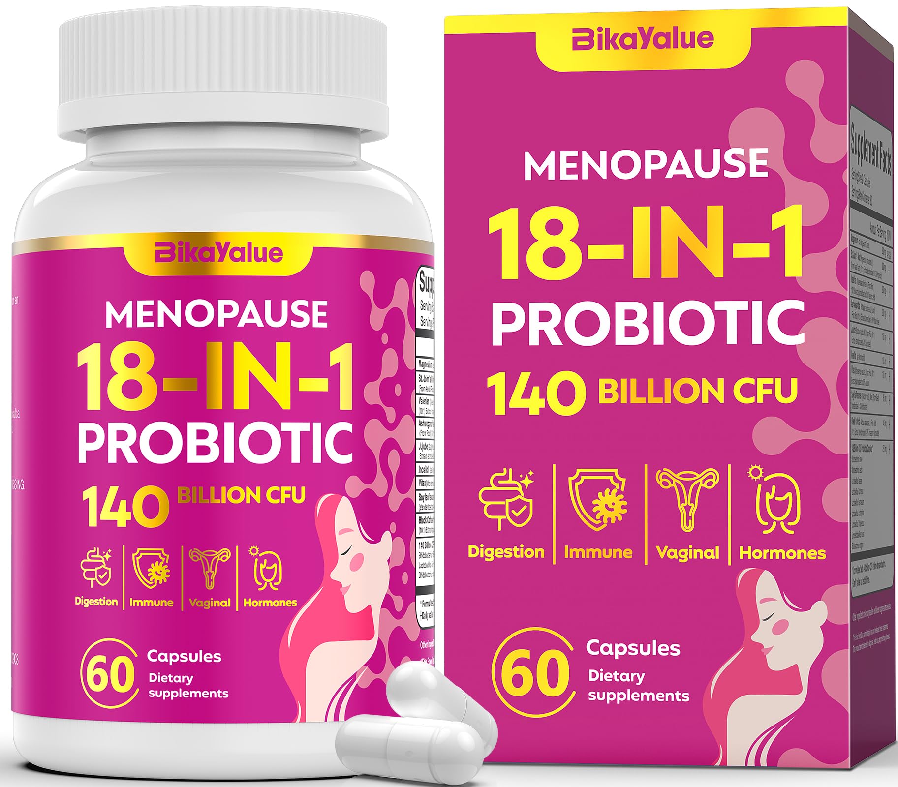 BIKAYALUE menopause probiotic bottle front view highlighting 140B CFU for hormonal balance