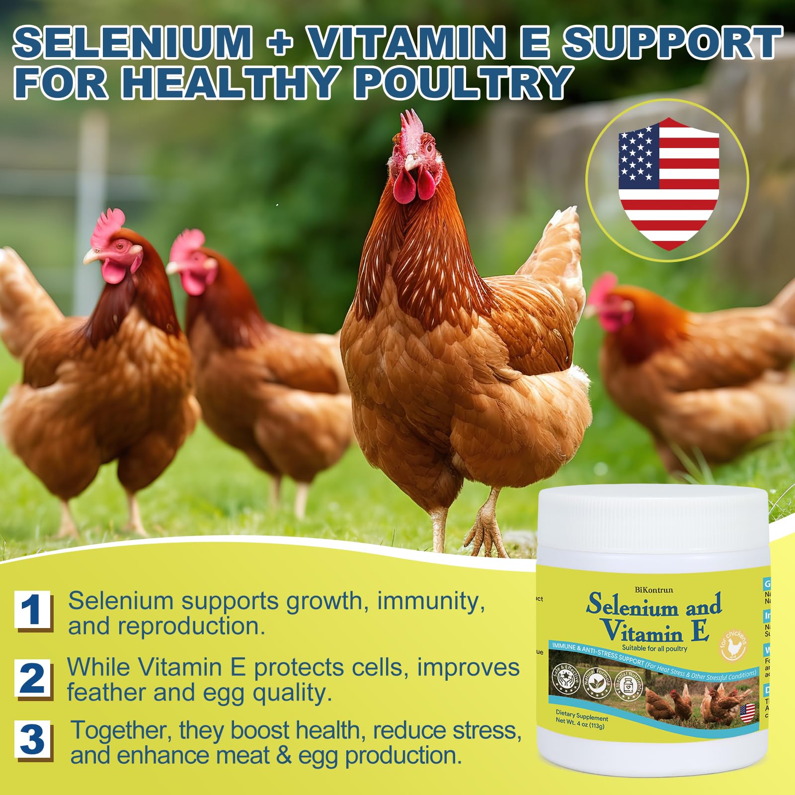 BiKontrun selenium vitamin e for chickens chick development and growth support.