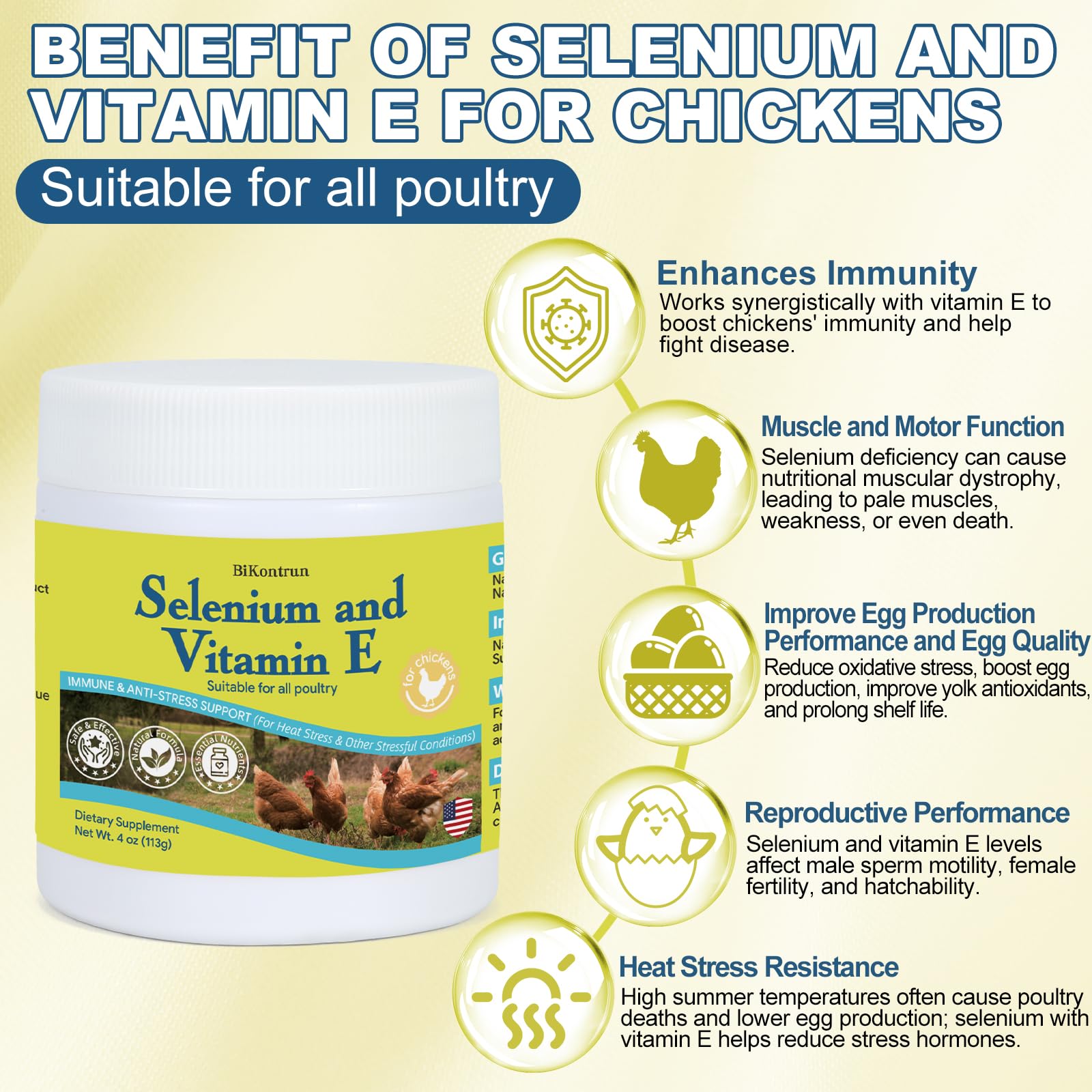 BiKontrun selenium vitamin e for chickens powder dispersion supports even intake.