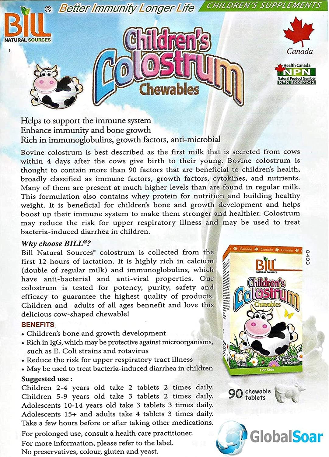 Bill Beauty Children's Colostrum Chewables 90 pieces; clear serving count for consistent use