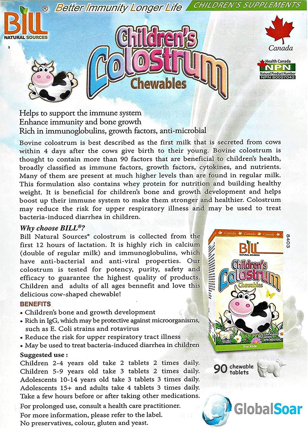 Bill Beauty Children's Colostrum Chewables 90 pieces; clear serving count for consistent use