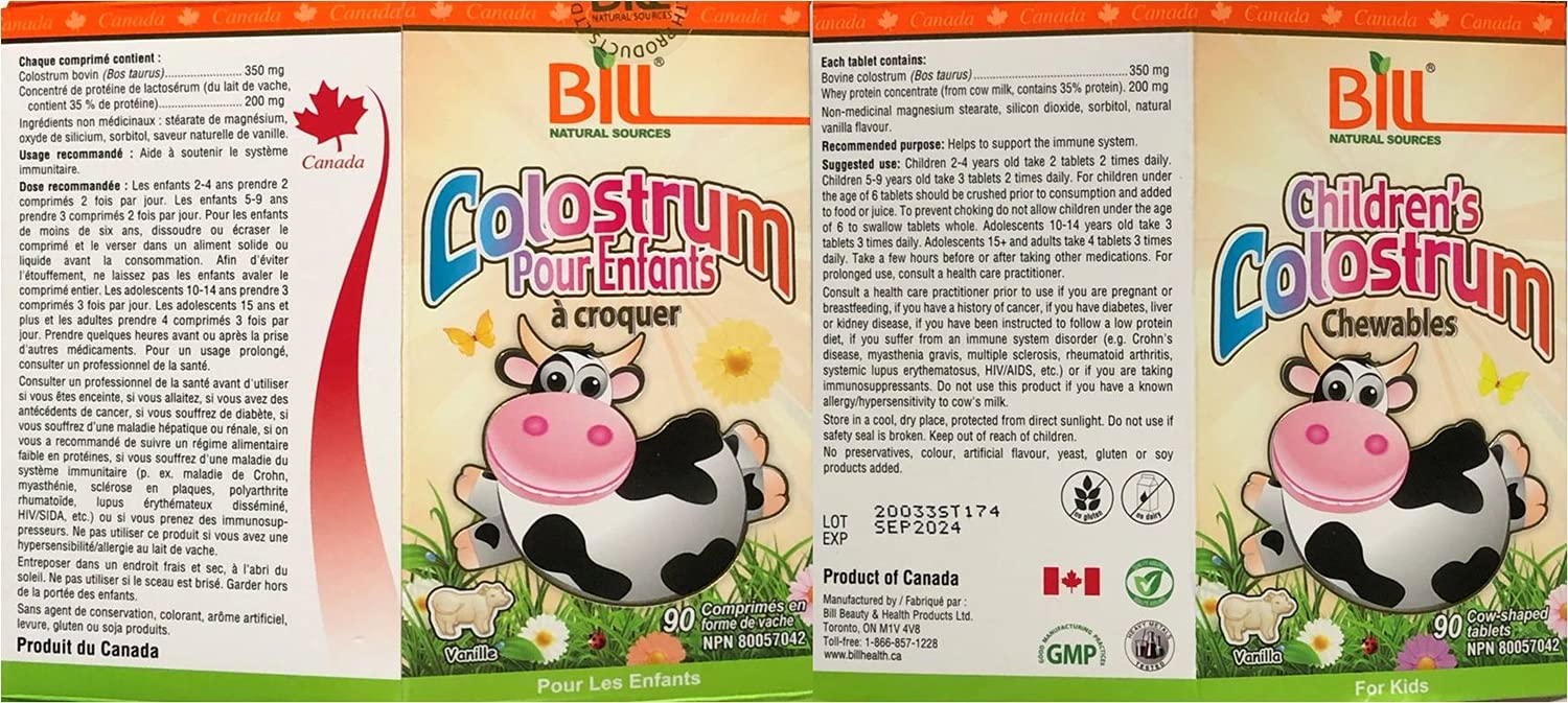 Bill Beauty Children's Colostrum Chewables tablets close-up; convenient chewable texture for daily immune support