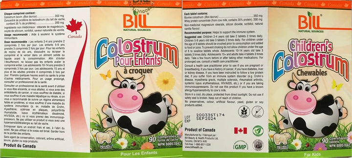 Bill Beauty Children's Colostrum Chewables tablets close-up; convenient chewable texture for daily immune support