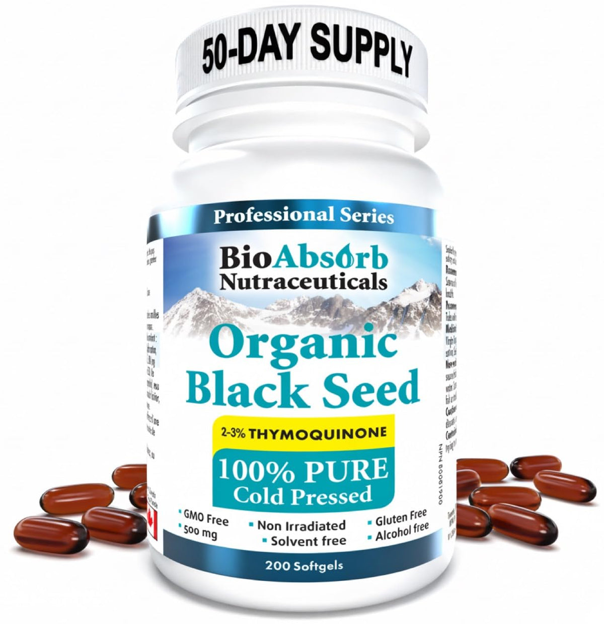 Bio Absorb Black Seed Oil capsules in a bottle for easy daily ingestion.