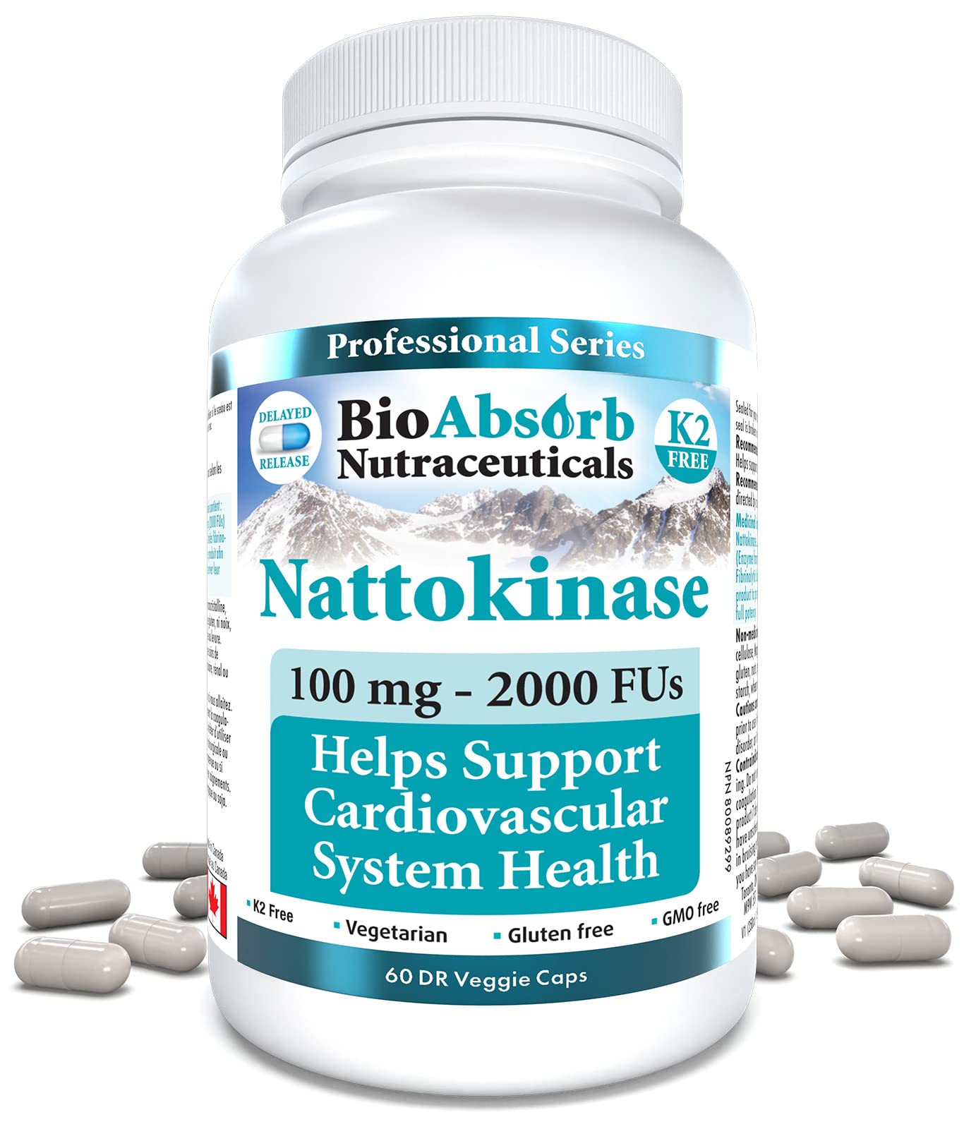 Bio Absorb Nattokinase bottle shows 60-day supply and non-GMO formula
