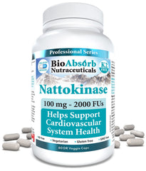Bio Absorb Nattokinase bottle shows 60-day supply and non-GMO formula