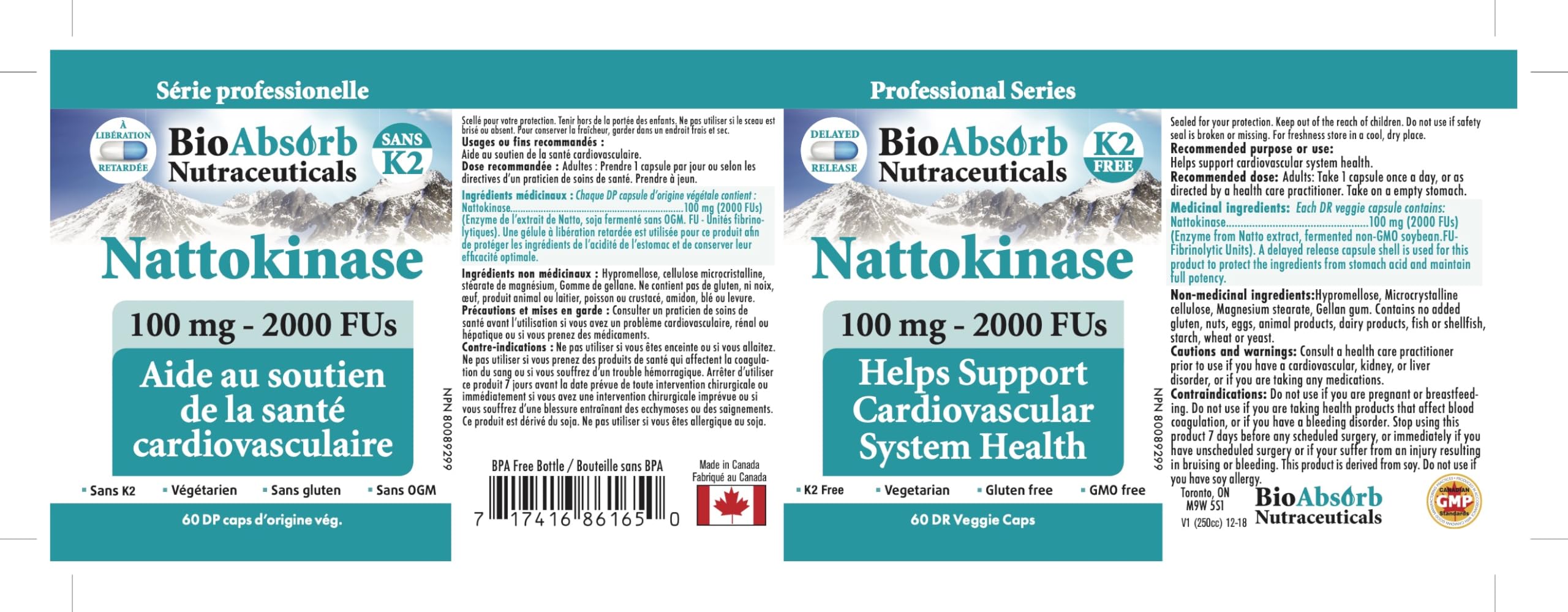 Bio Absorb Nattokinase packaging emphasizes K2-free formulation