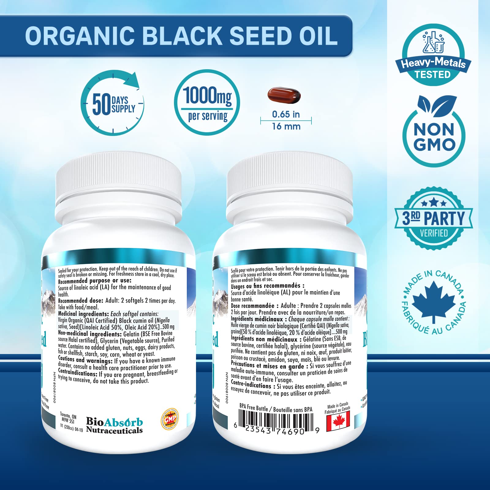 Non-GMO and gluten-free labeling on Bio Absorb Black Seed Oil.