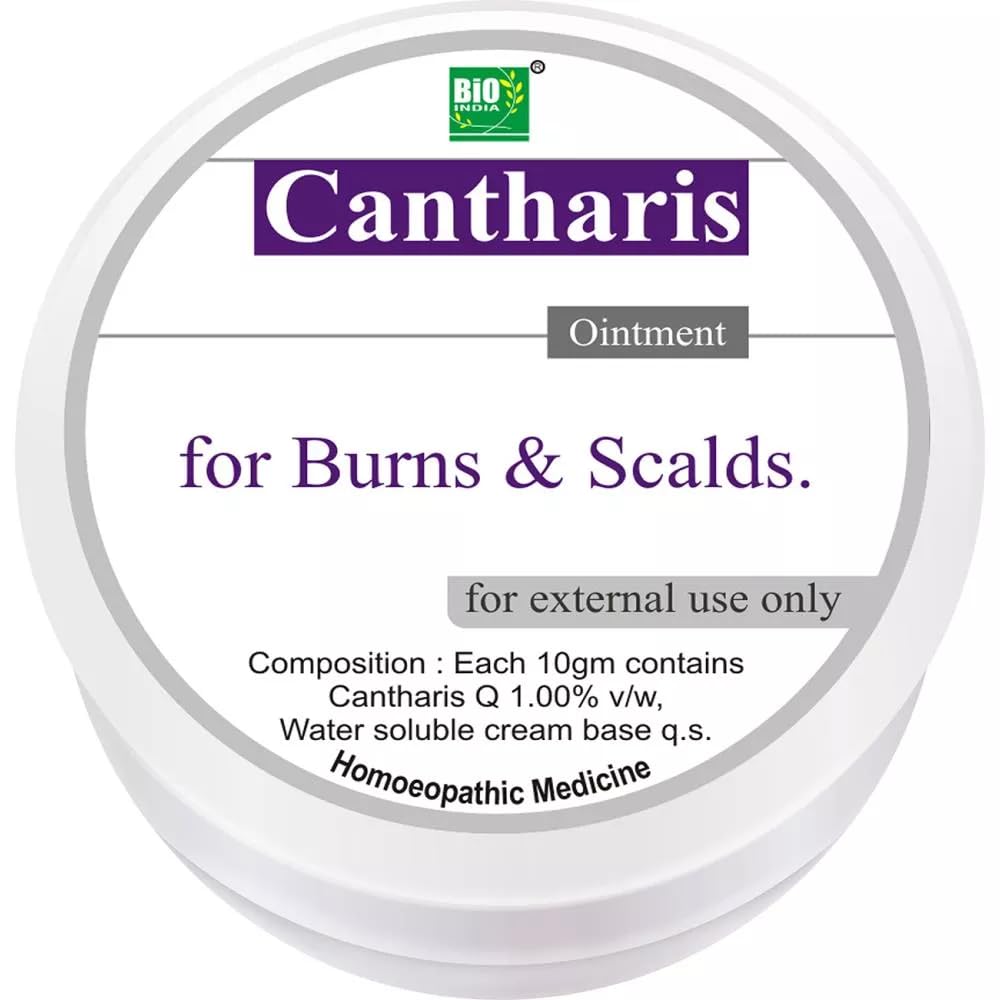 Bio India Cantharis Ointment 30g tube in use; ideal for comforting burns and minor injuries.
