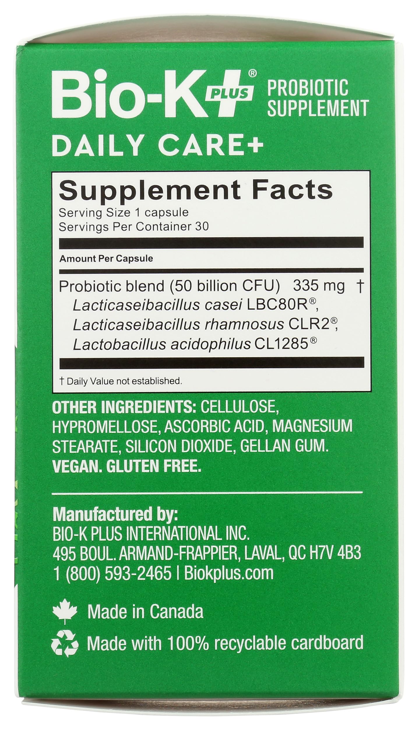 Bio-K Plus DailyCare icons indicating vegan and gluten-free features