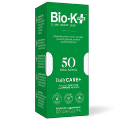 Bio-K Plus PROBIOTIC Daily 50BIL bottle on kitchen counter for daily routine.