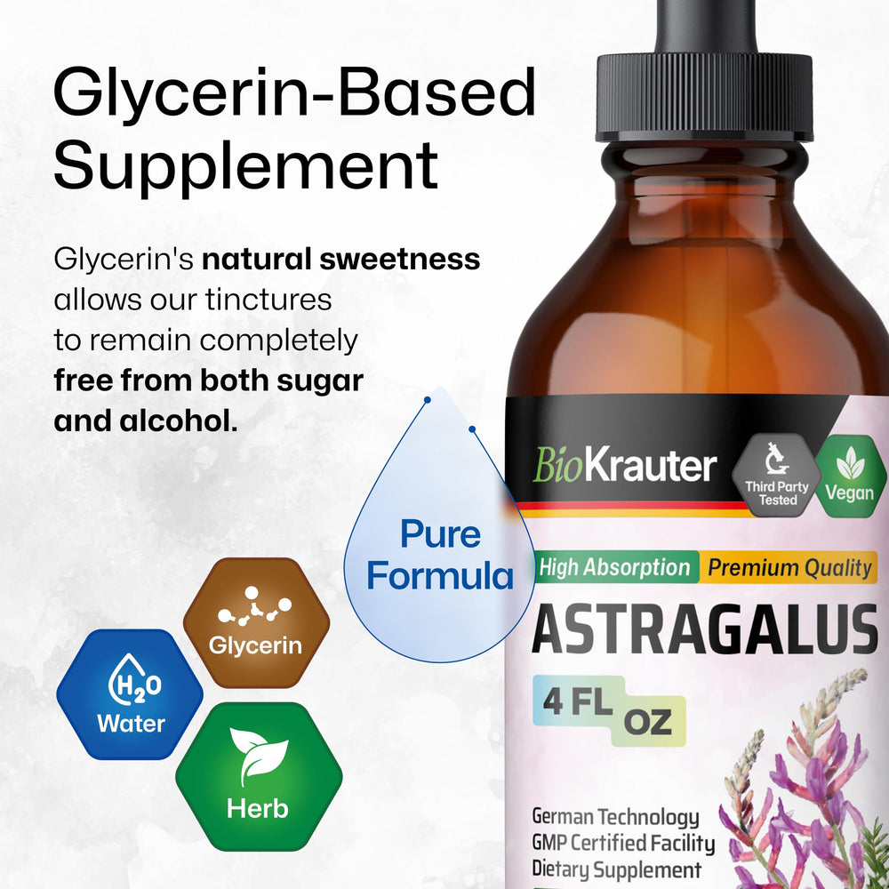 BIO KRAUTER Astragalus Tincture amber bottle on shelf for easy support.