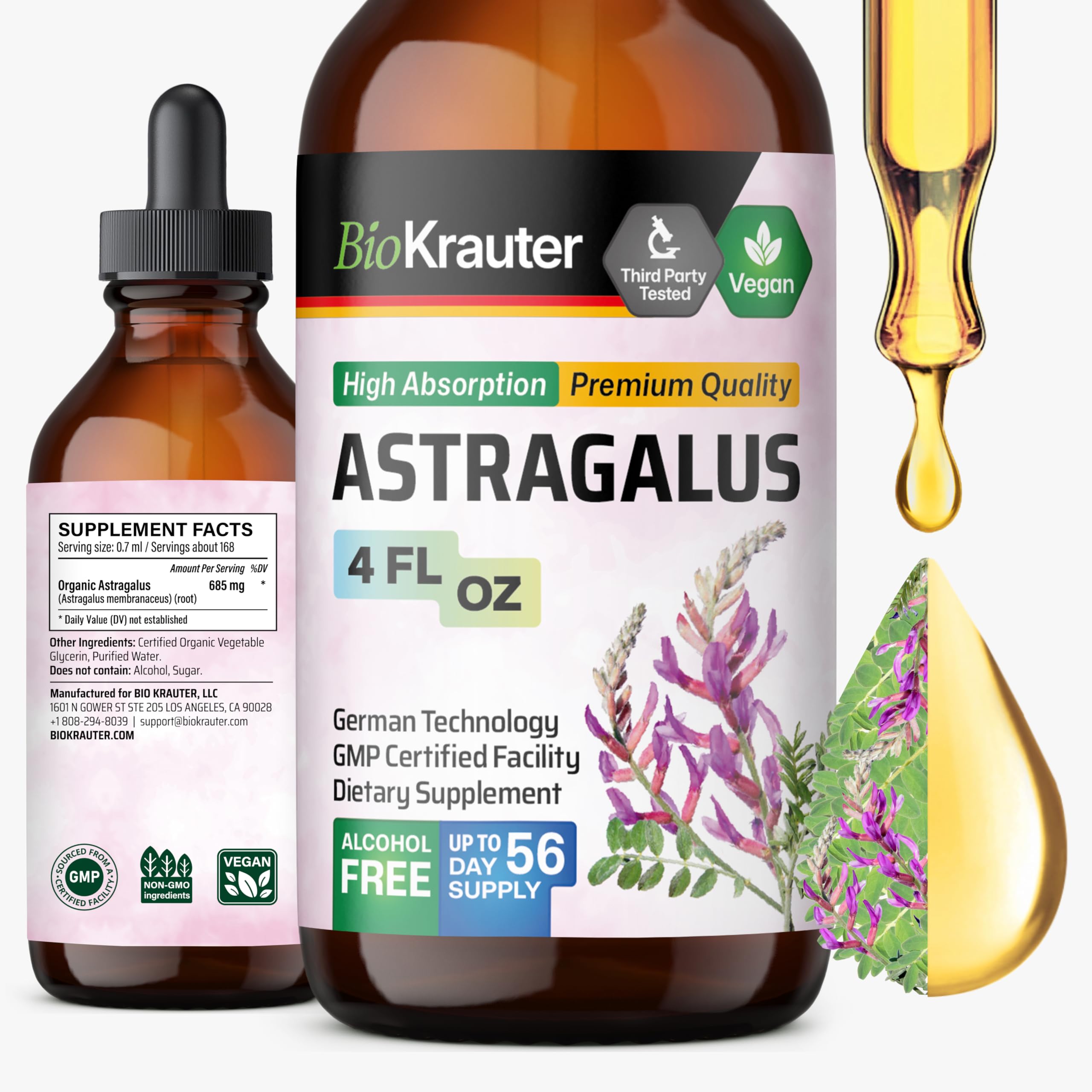 BIO KRAUTER Astragalus Tincture bottle close-up, vegan, alcohol-free.