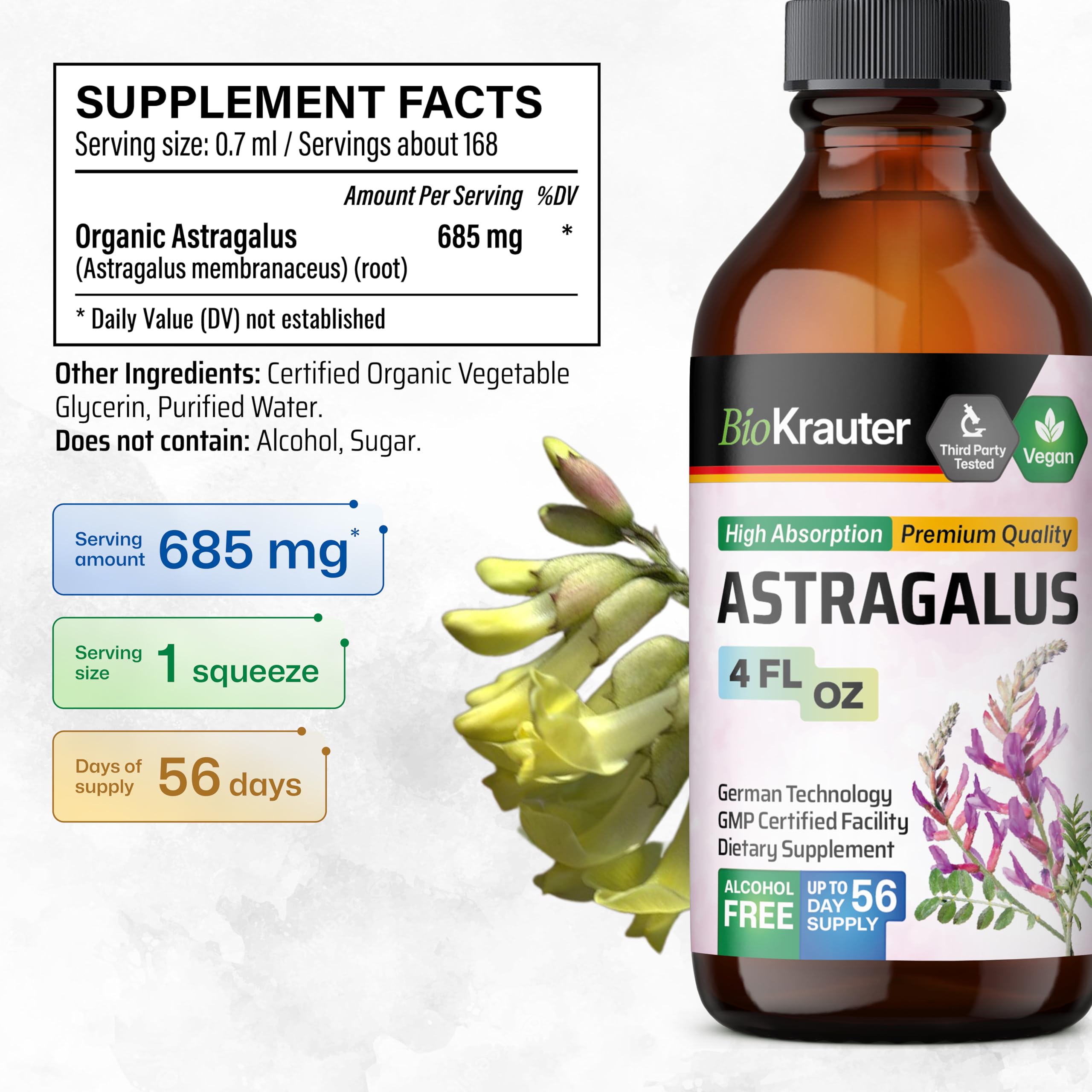 BIO KRAUTER Astragalus Tincture bottle label emphasizing simple ingredients.