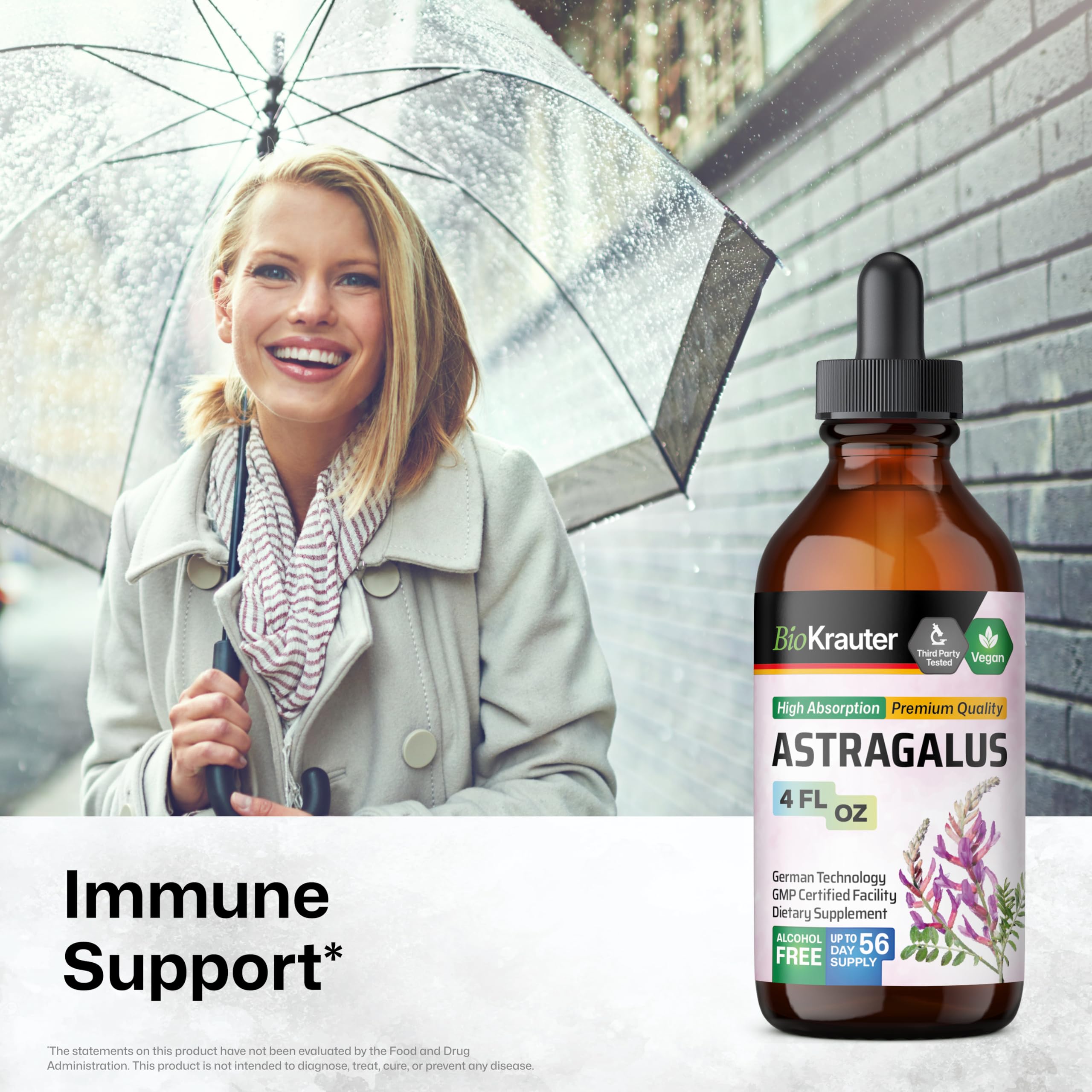 BIO KRAUTER Astragalus Tincture dropper close-up highlighting high absorption.