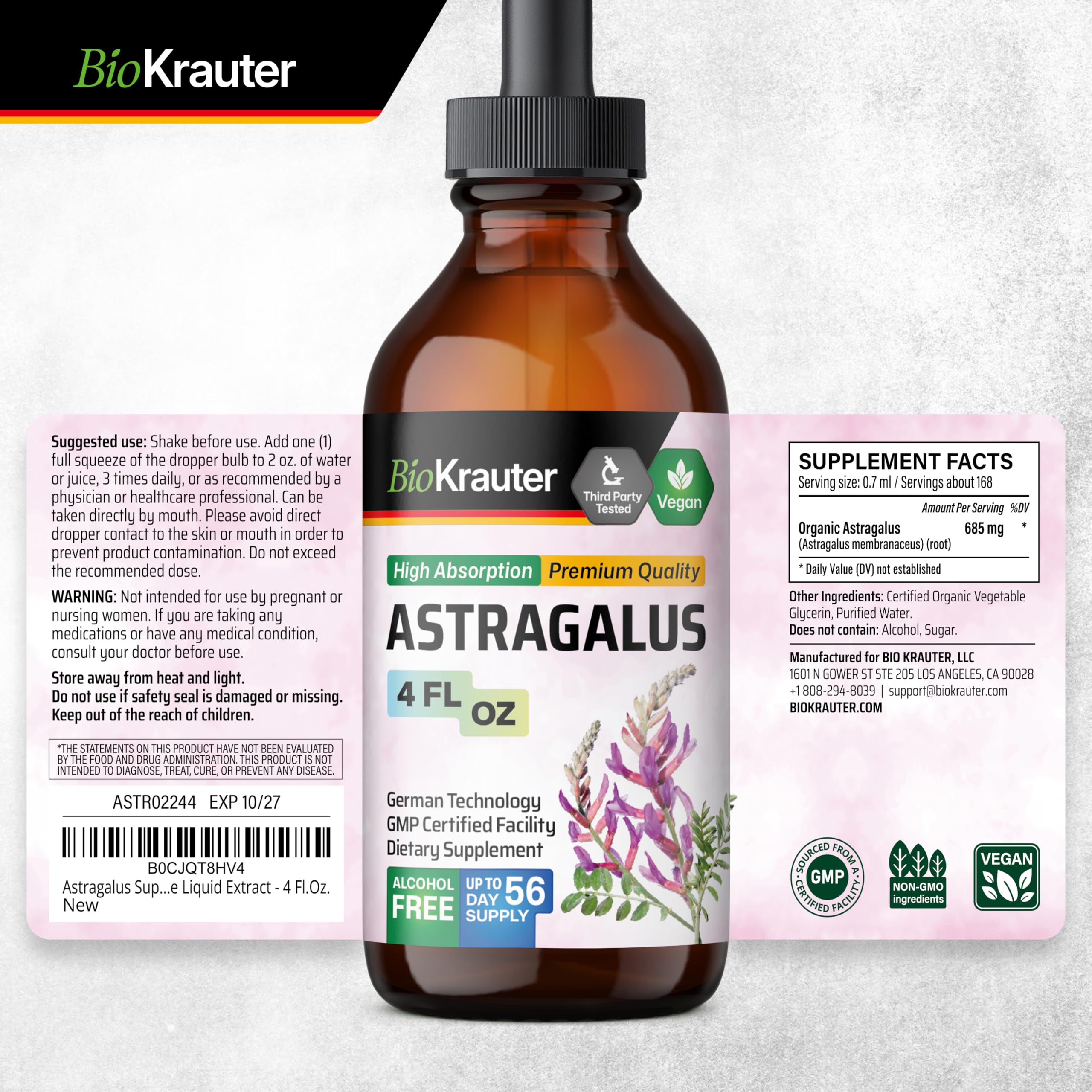 BIO KRAUTER Astragalus Tincture dropper under tongue for quick use.