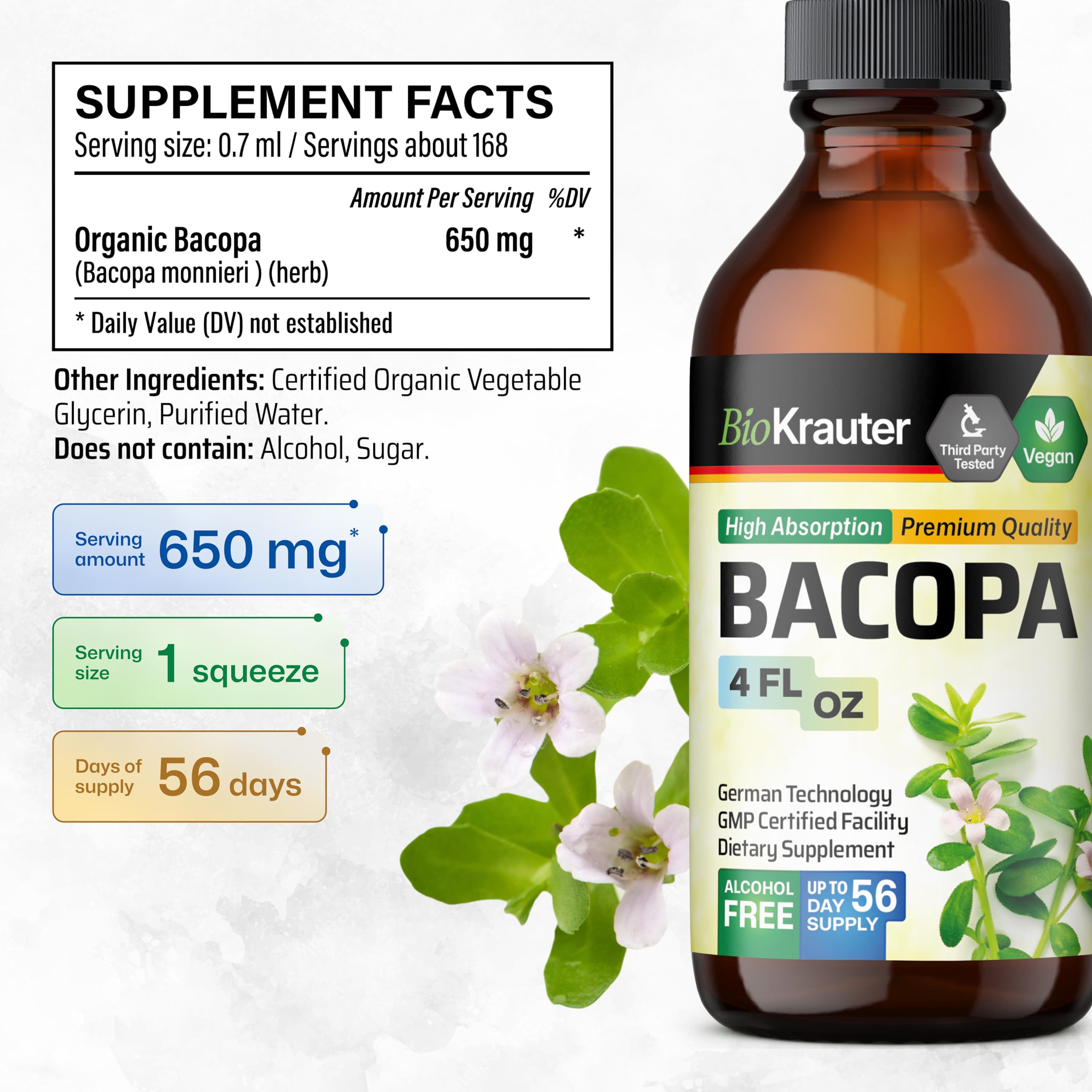 Front label on BIO KRAUTER Bacopa bottle highlights vegan, alcohol-free formula.