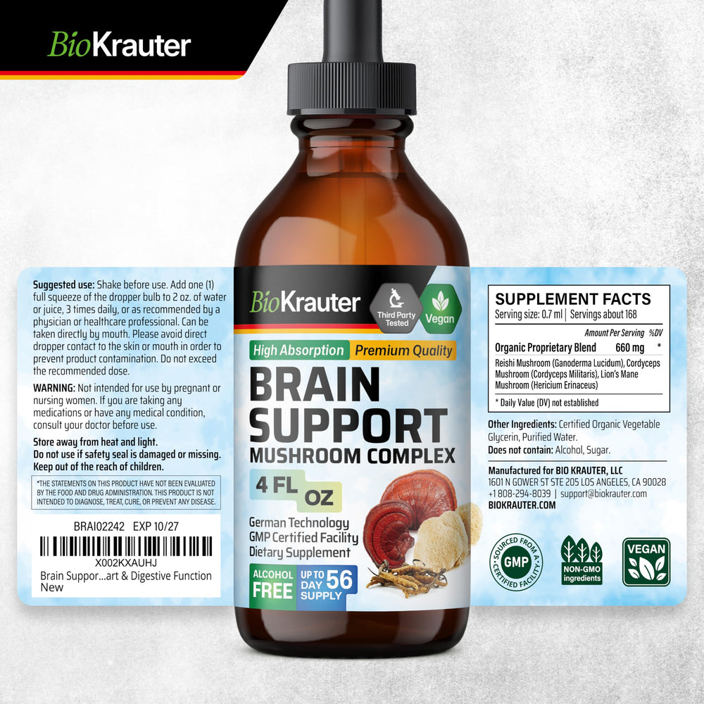 BIO KRAUTER Brain Support drops bottle with dropper in alcohol-free formula.