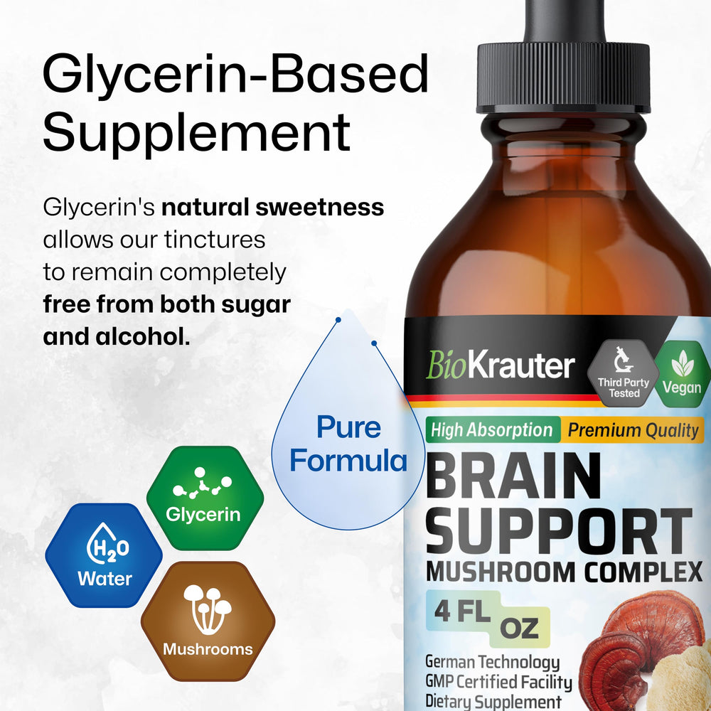 BIO KRAUTER Brain Support drops on a shelf with wellness products.