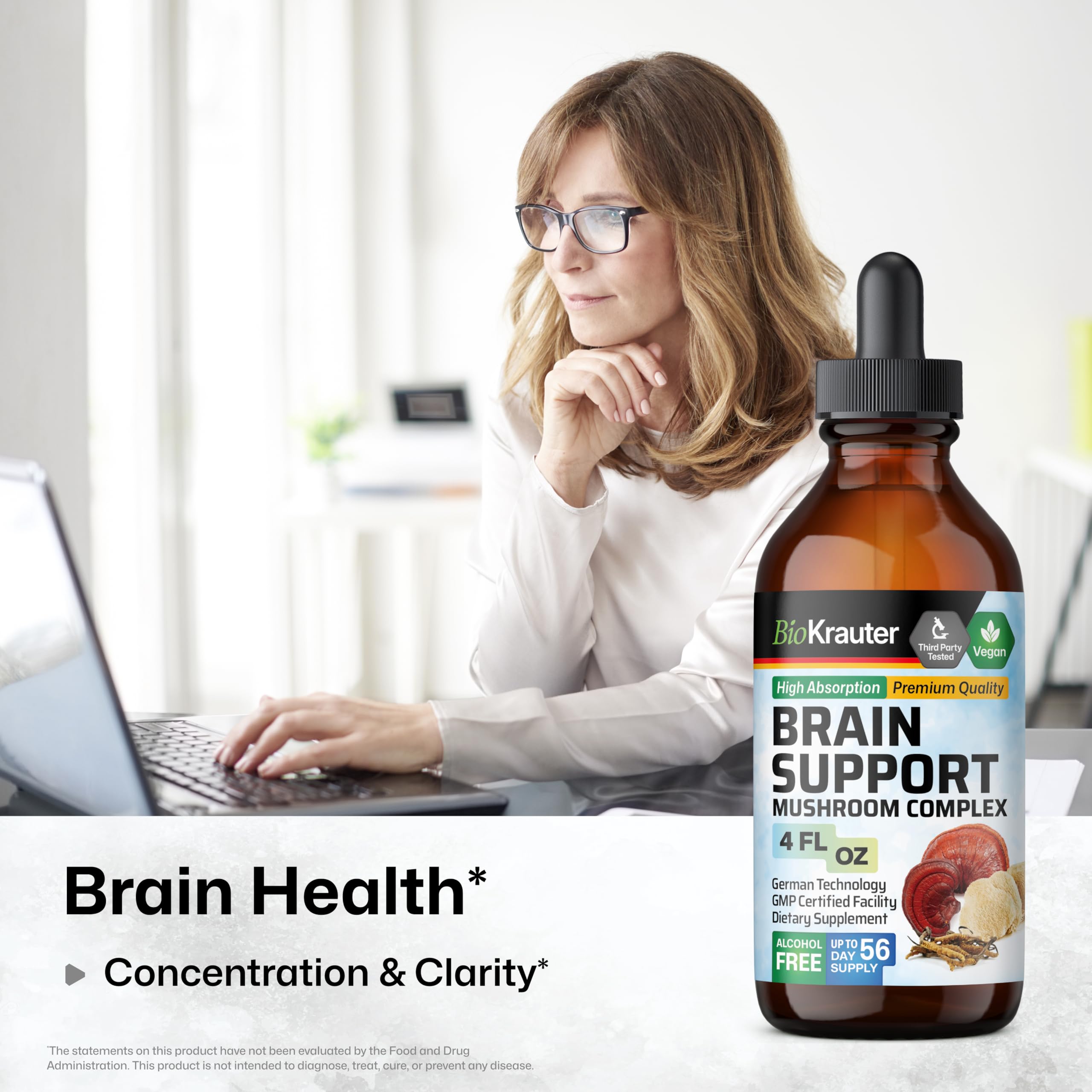 BIO KRAUTER Brain Support drops featuring cordyceps bottle for focus.