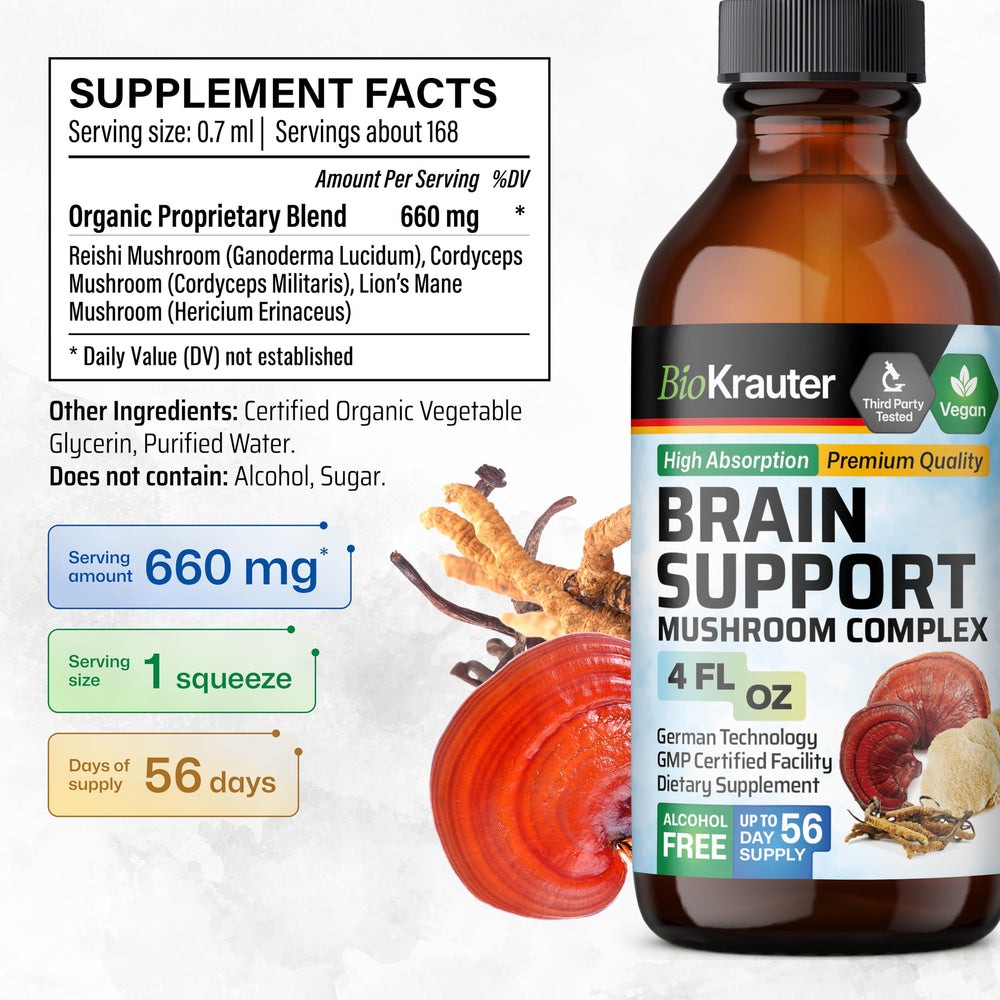 BIO KRAUTER Brain Support drops close-up of reishi tincture bottle.