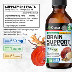 BIO KRAUTER Brain Support drops close-up of reishi tincture bottle.