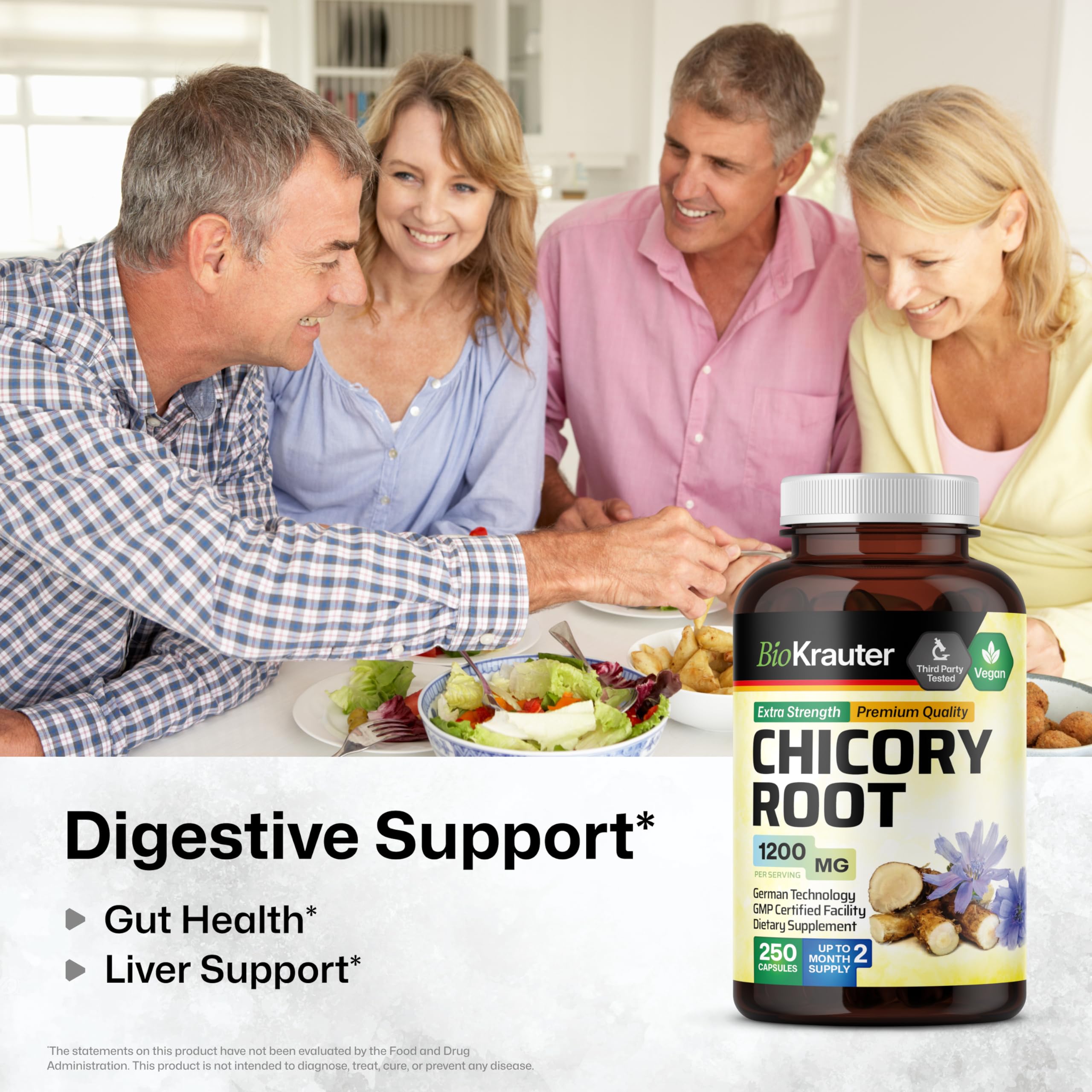 BIO KRAUTER chicory root capsules close-up emphasizing vegan inulin capsules.