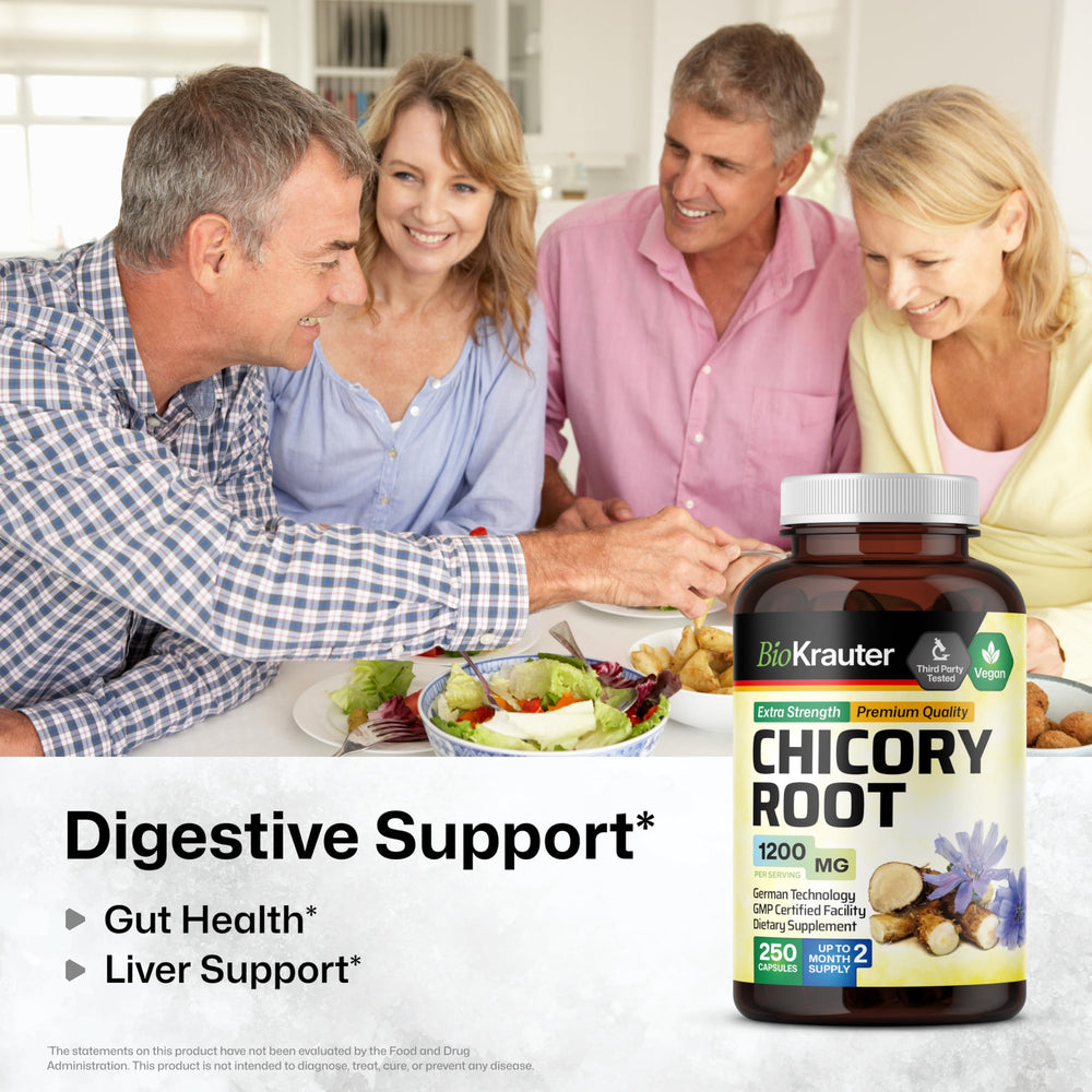 BIO KRAUTER chicory root capsules close-up emphasizing vegan inulin capsules.