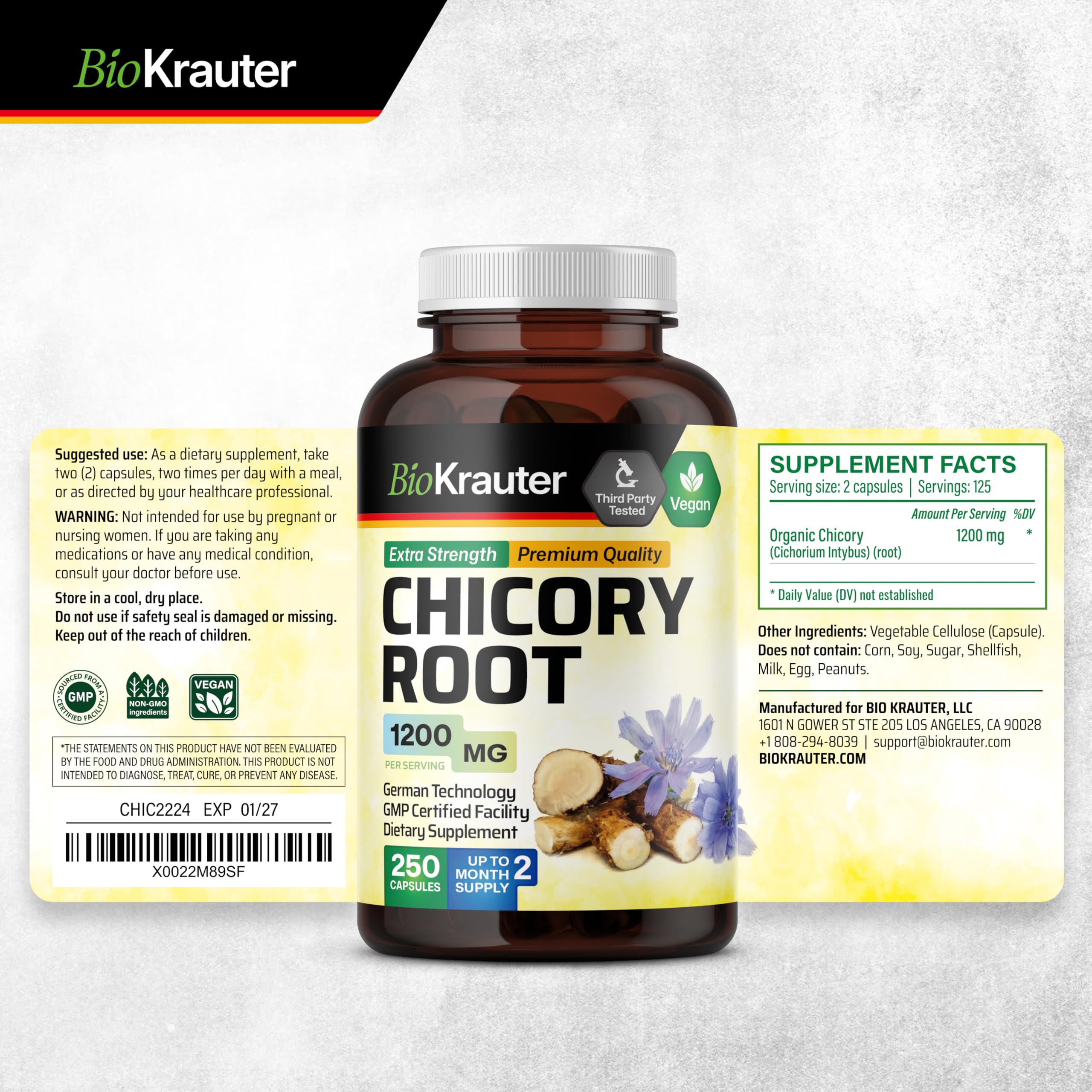 BIO KRAUTER chicory root illustration highlights natural prebiotic fiber.