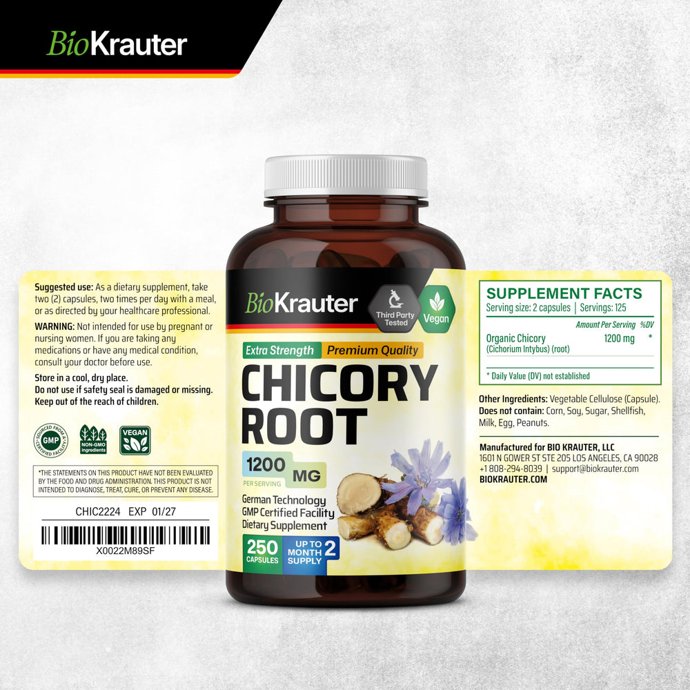 BIO KRAUTER chicory root illustration highlights natural prebiotic fiber.