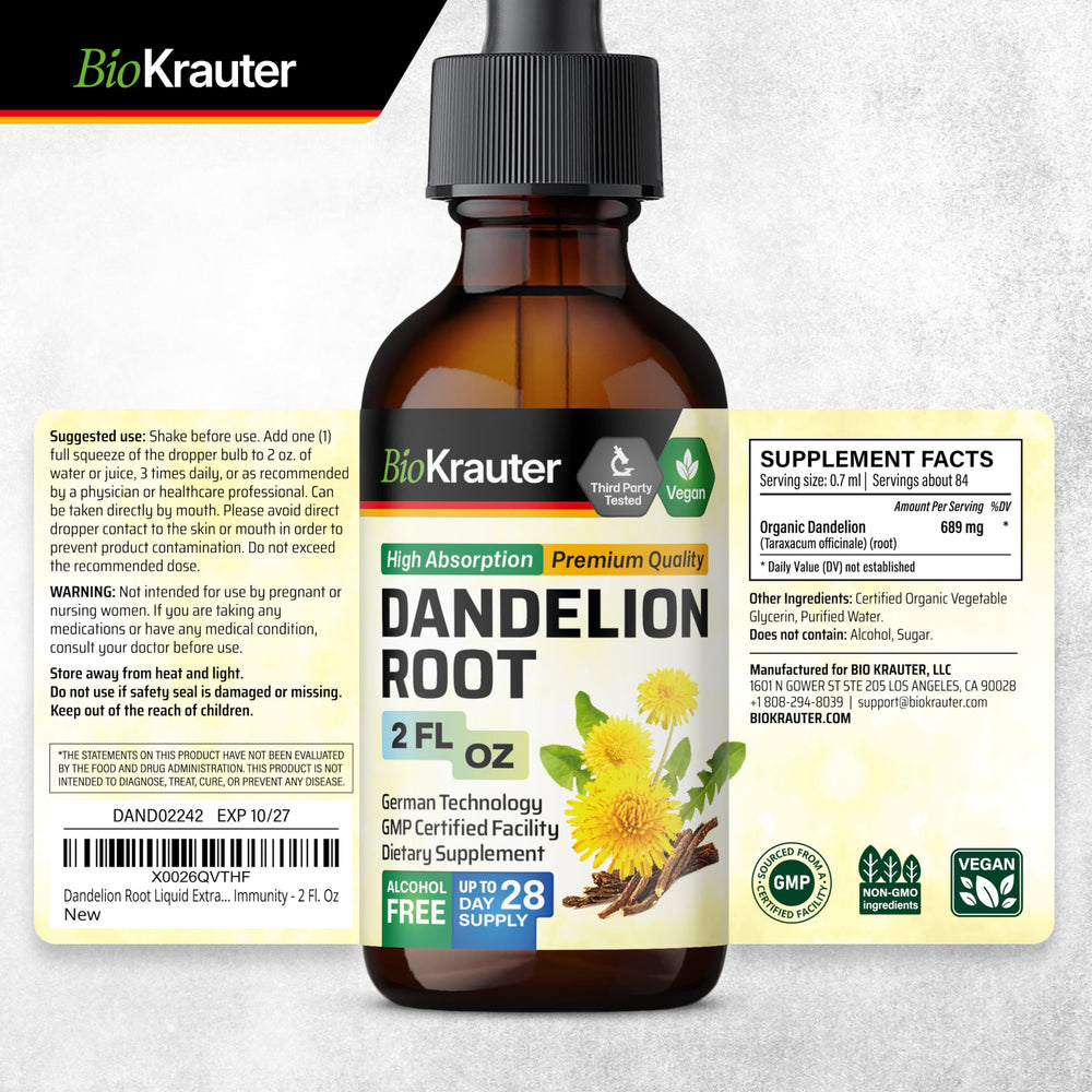 28-day supply in a compact BIO KRAUTER Dandelion Root Extract bottle.