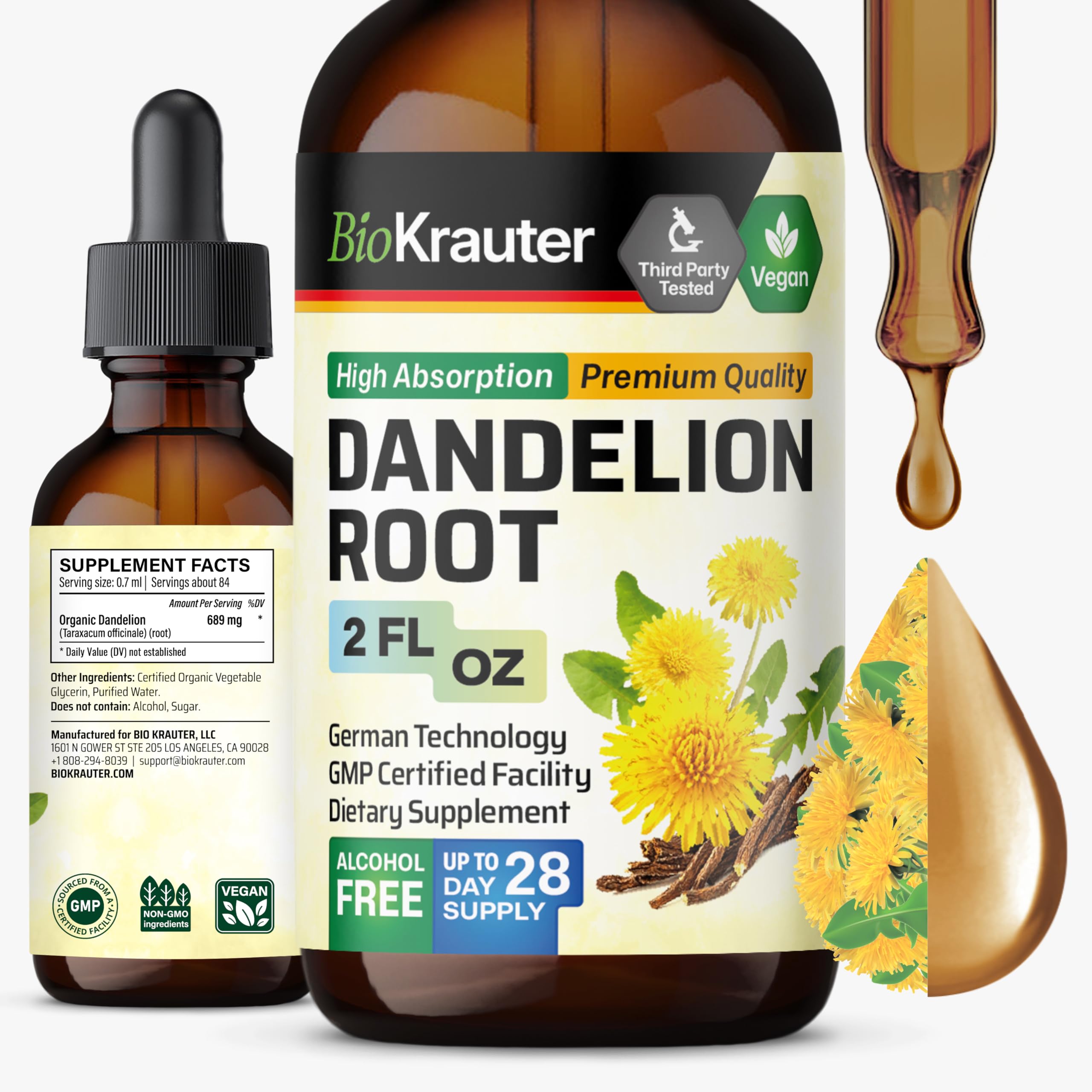 BIO KRAUTER Dandelion Root Extract bottle shows smooth, alcohol-free formula for liver support.