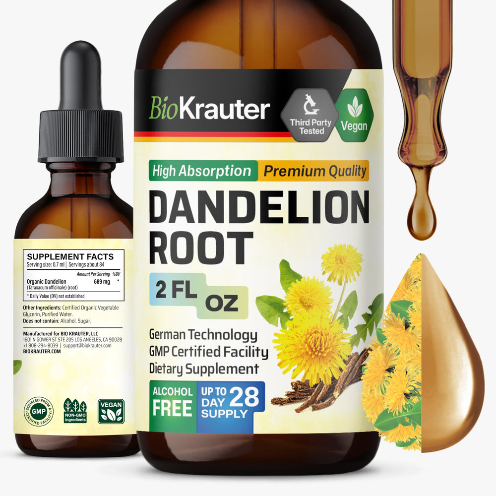 BIO KRAUTER Dandelion Root Extract bottle shows smooth, alcohol-free formula for liver support.
