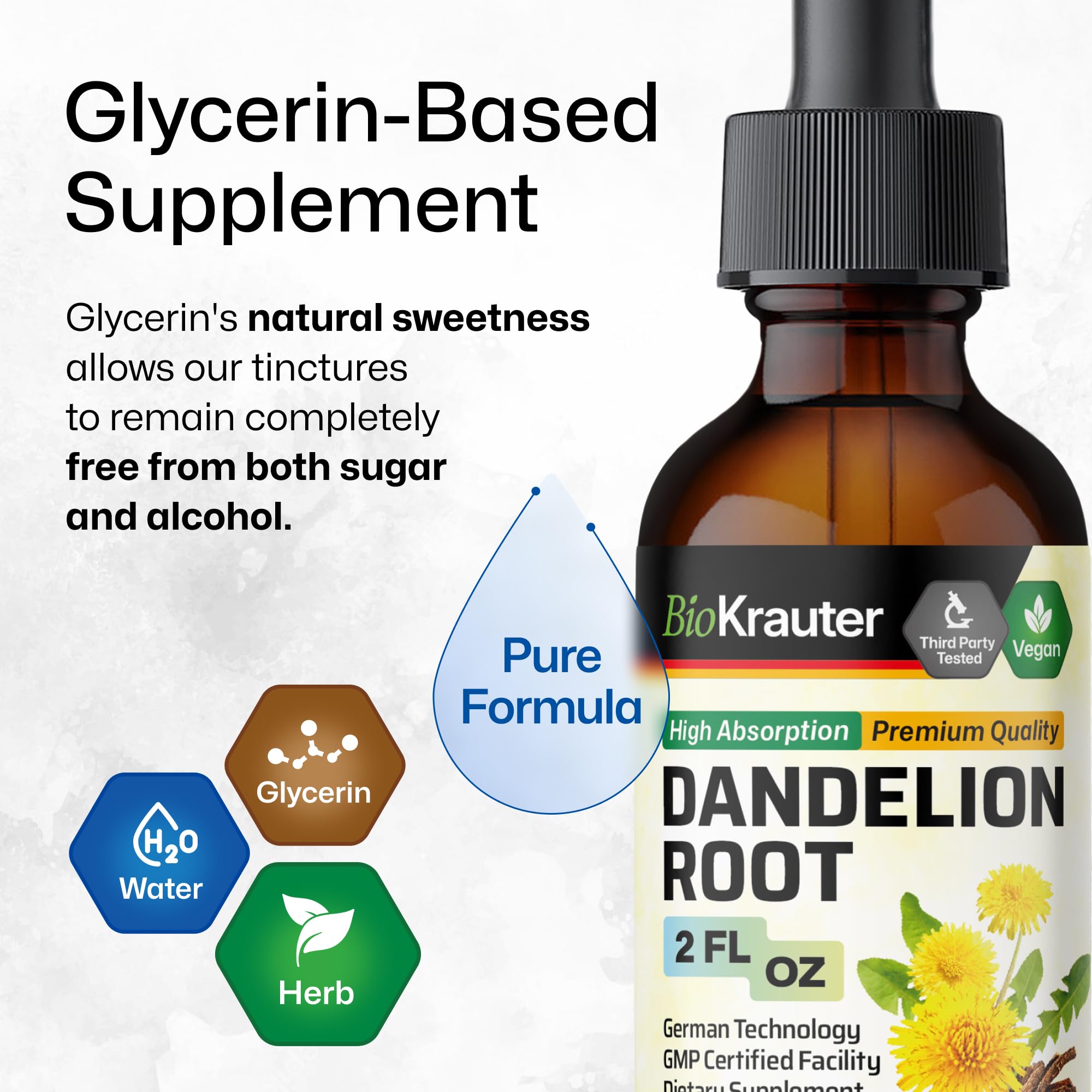 USA-made badge on BIO KRAUTER Dandelion Root Extract communicates quality ingredients.