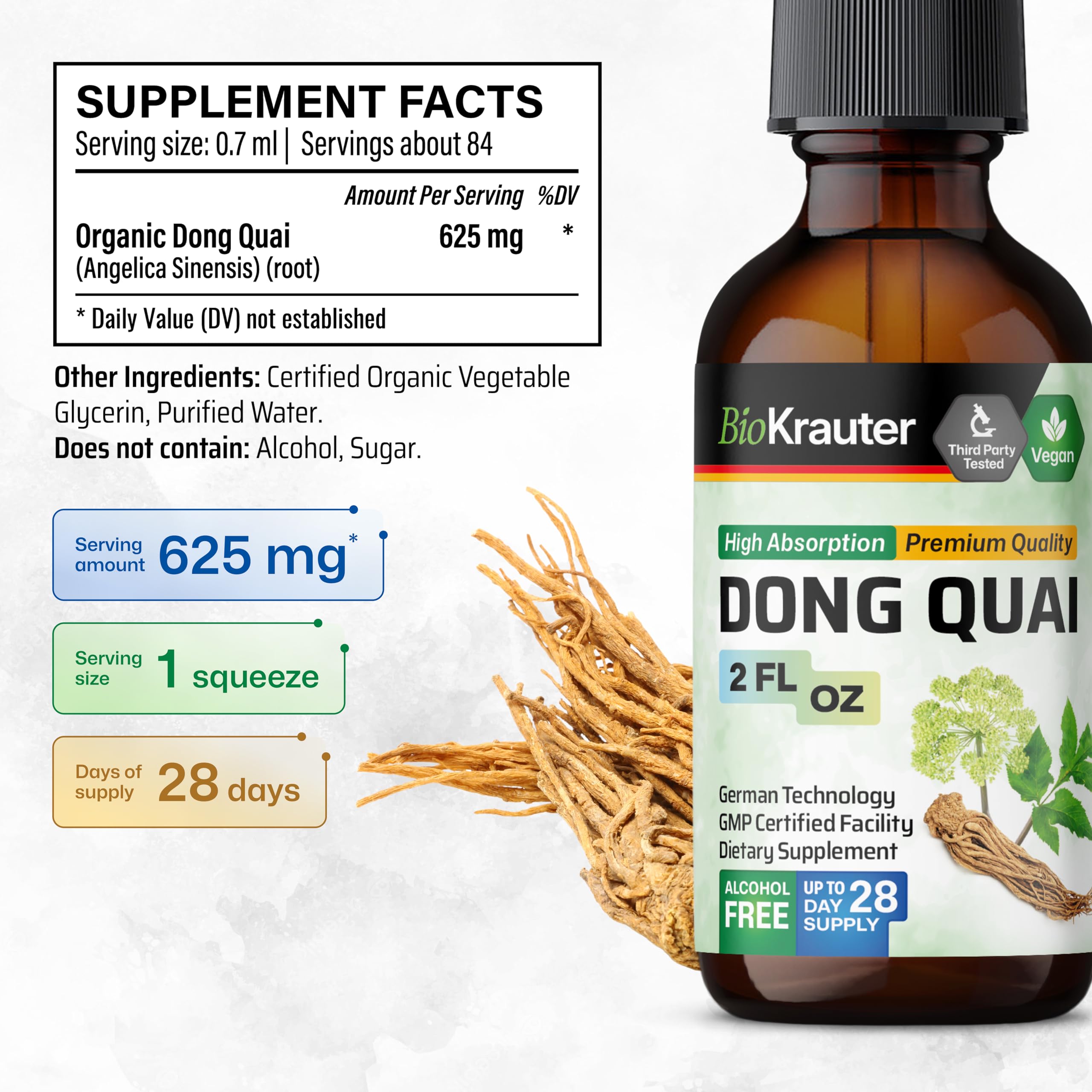 BIO KRAUTER Dong Quai Root tincture bottle highlights natural extract for menopause support.