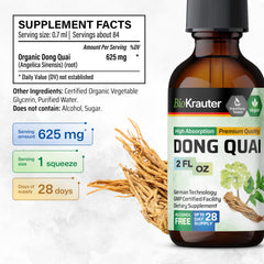 BIO KRAUTER Dong Quai Root tincture bottle highlights natural extract for menopause support.