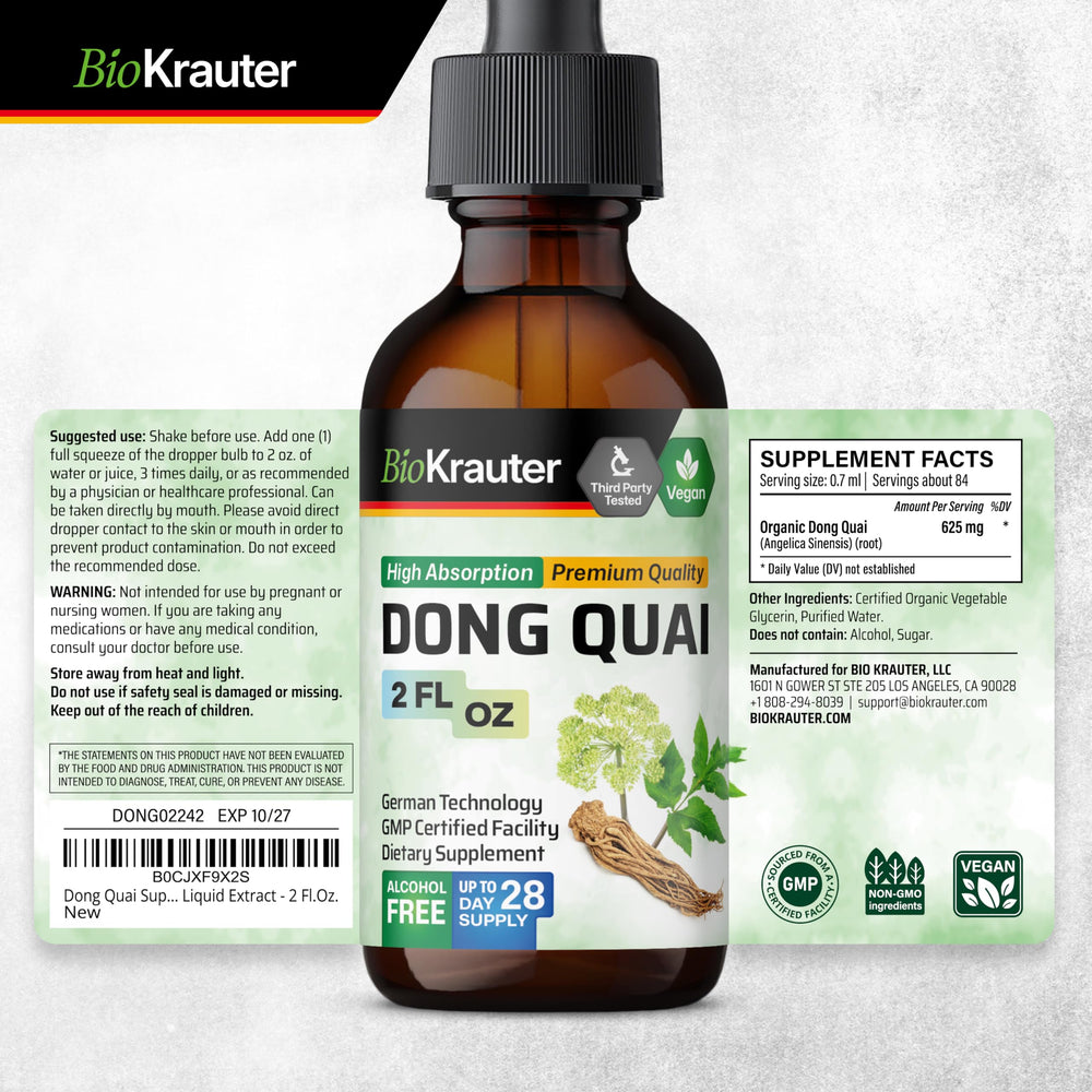 BIO KRAUTER Dong Quai usage instructions detailing three daily servings.