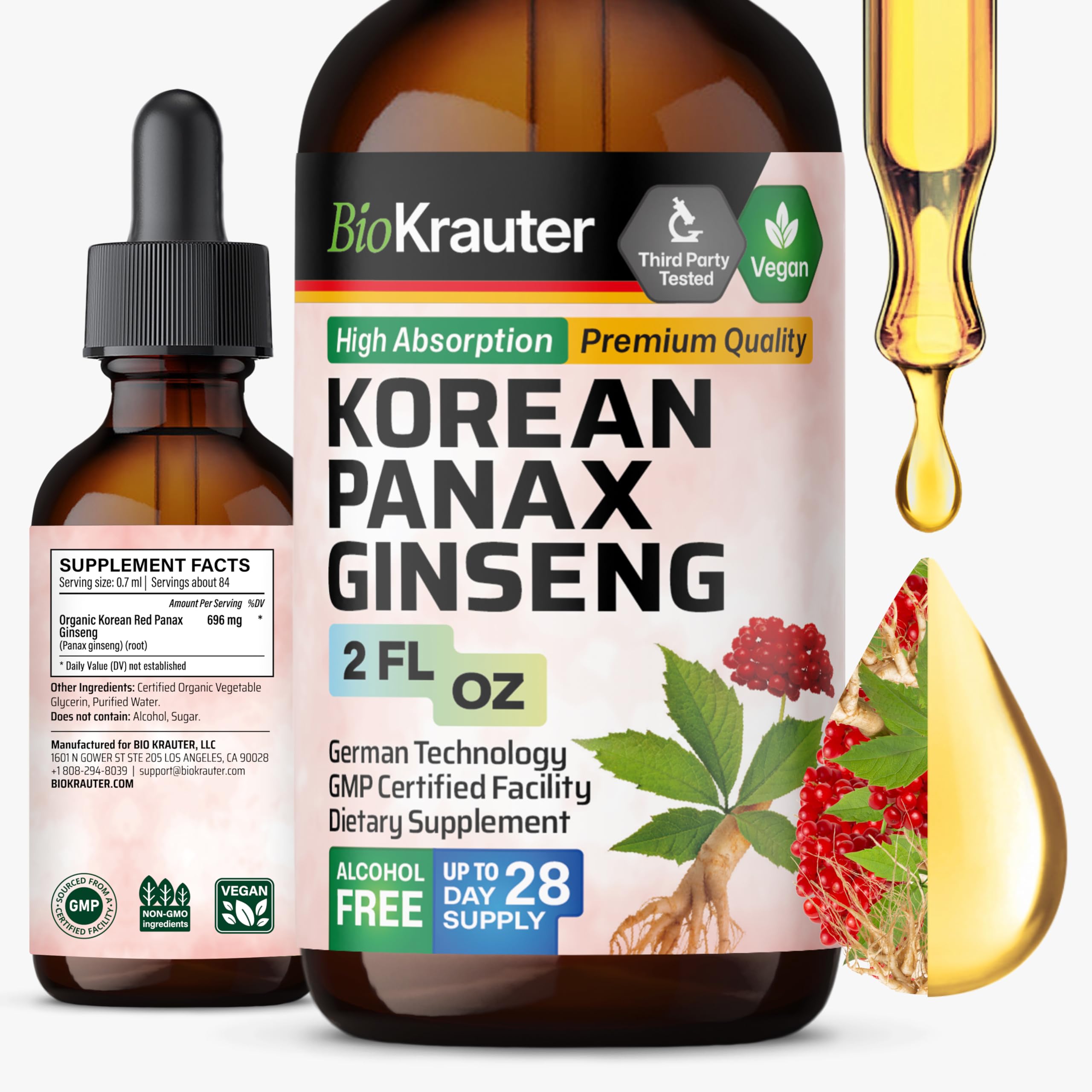 BIO KRAUTER Ginseng bottle pour demonstrates an easy daily dose for energy support.